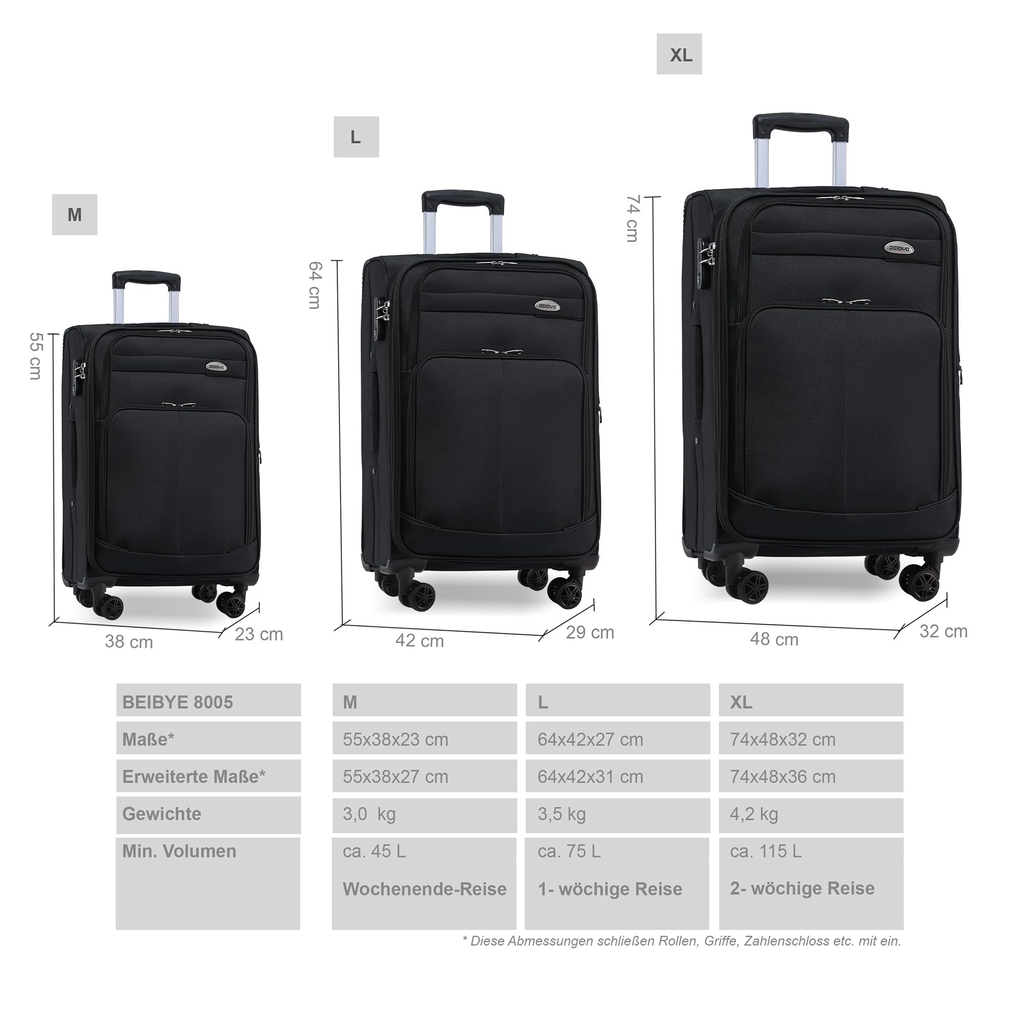 BEIBYE Kofferset Trolley Leichter Stoffkoffer mit Zahlenschloss Schwarz 64cm