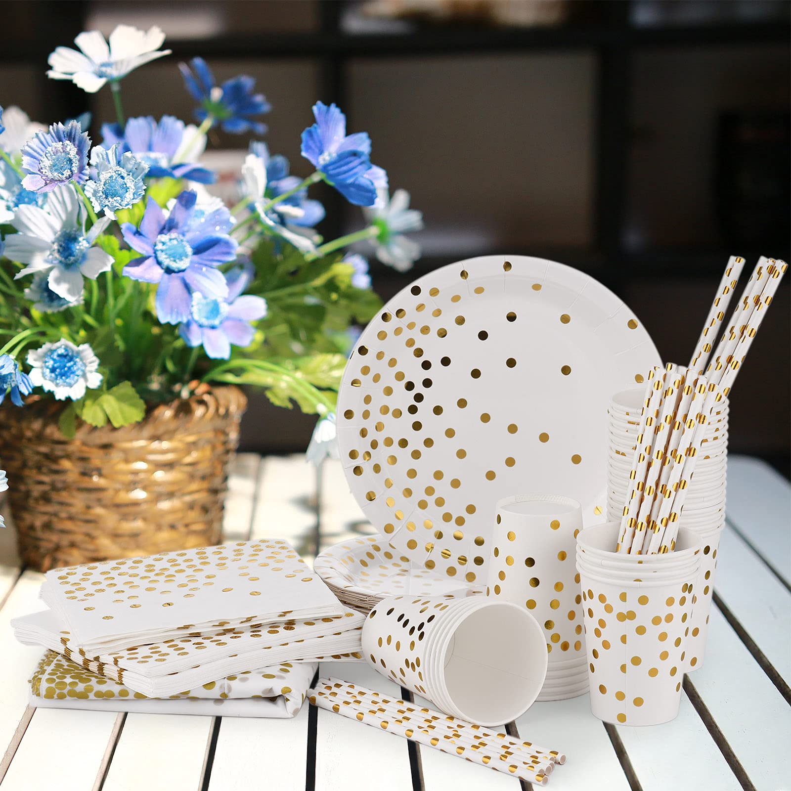 Vaisselle Jetable Or Pailletée - 16 Personnes - Assiettes, Gobelets, Pailles, Serviettes, Nappe