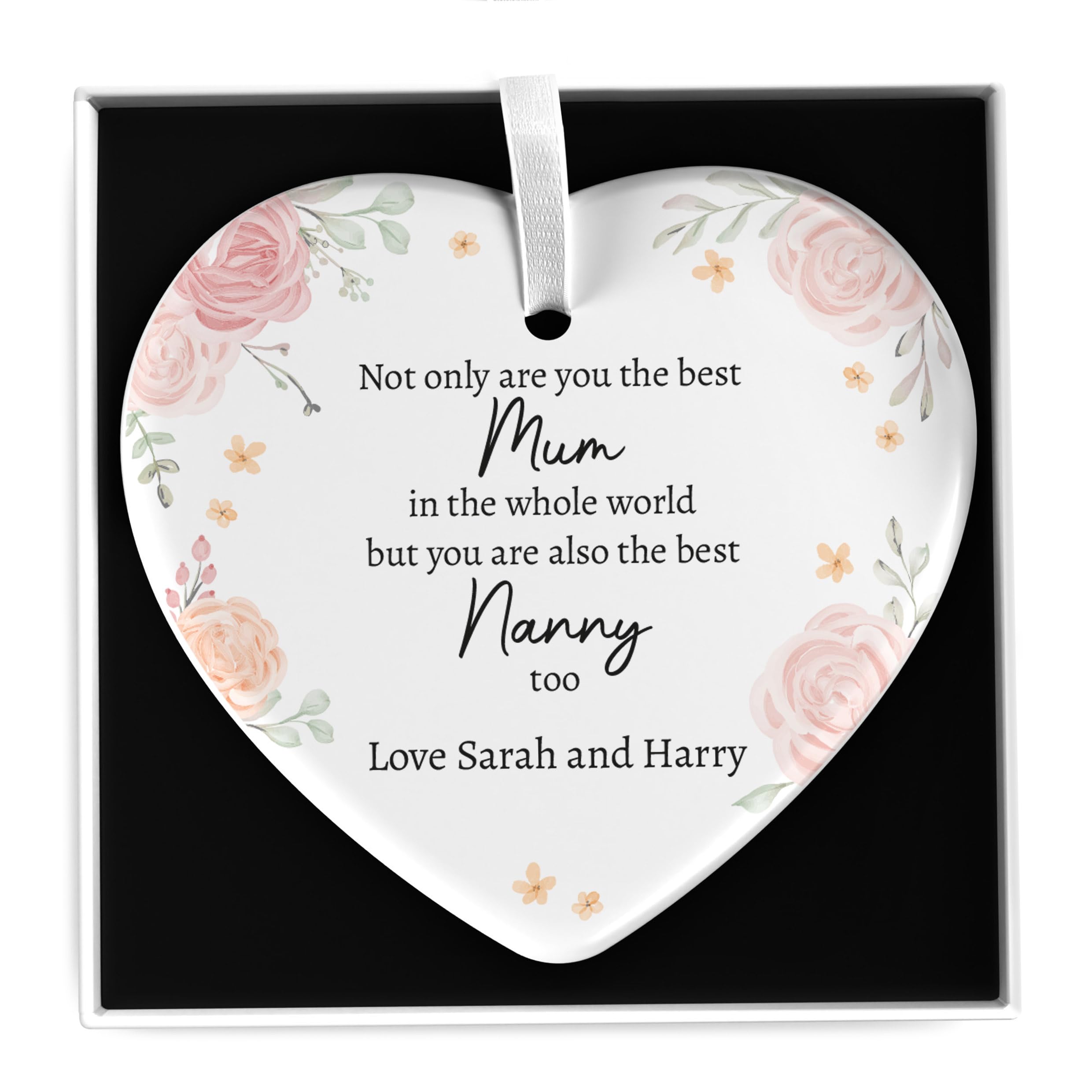 Beecreative Mothers Day Nanny and Mum Gifts, Personalised Gifts For Nan Nanna Granny Mam Mom, Nanna Birthday Gifts, Heart Circle Ceramic Plaque Ornament With Gift Box