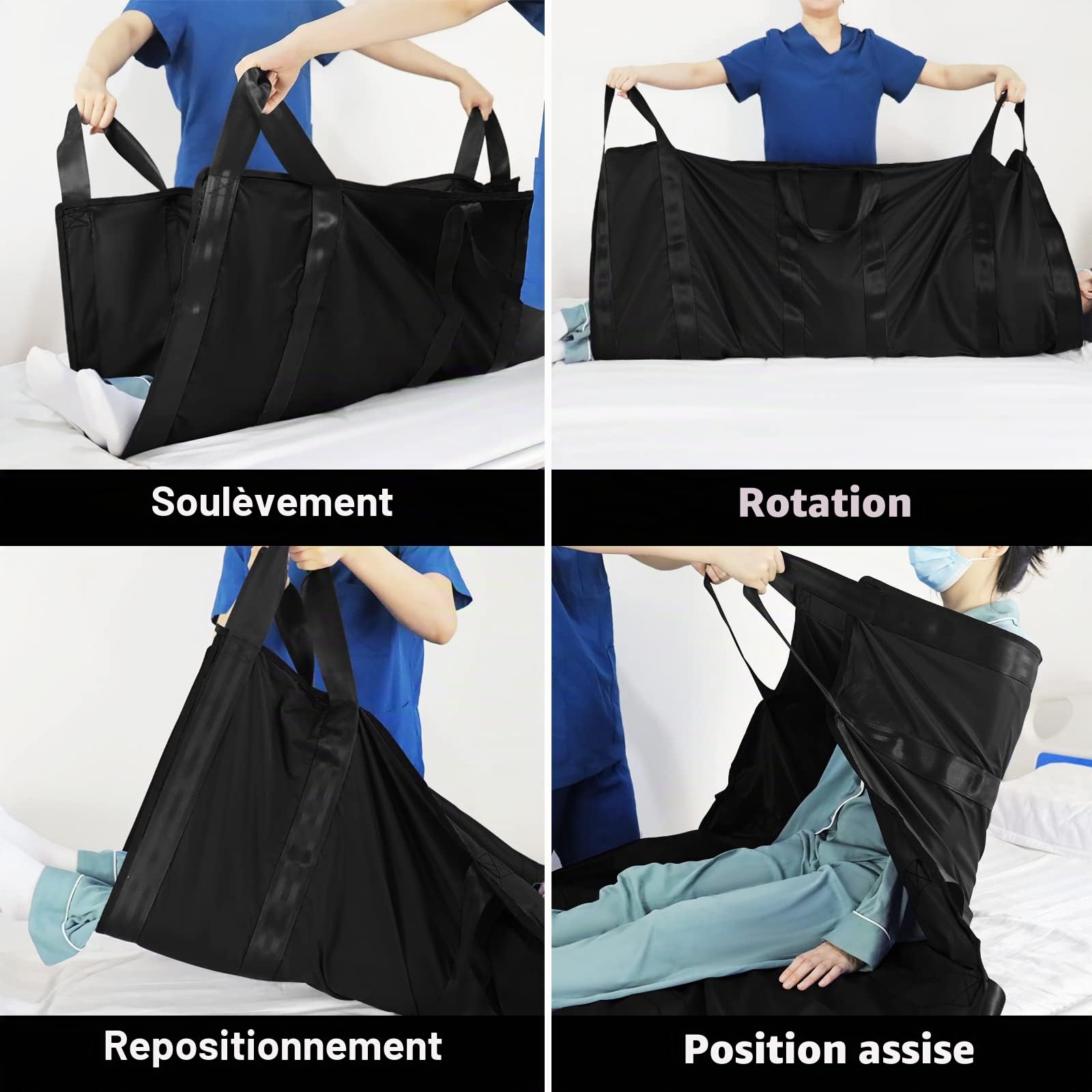 [LOSCHEN] Planche de transfert pour lift de patient, avec six poignées, convient pour les personnes en surpoids, les personnes âgées et les patients qui doivent être transférés (noir, 100x120cm)