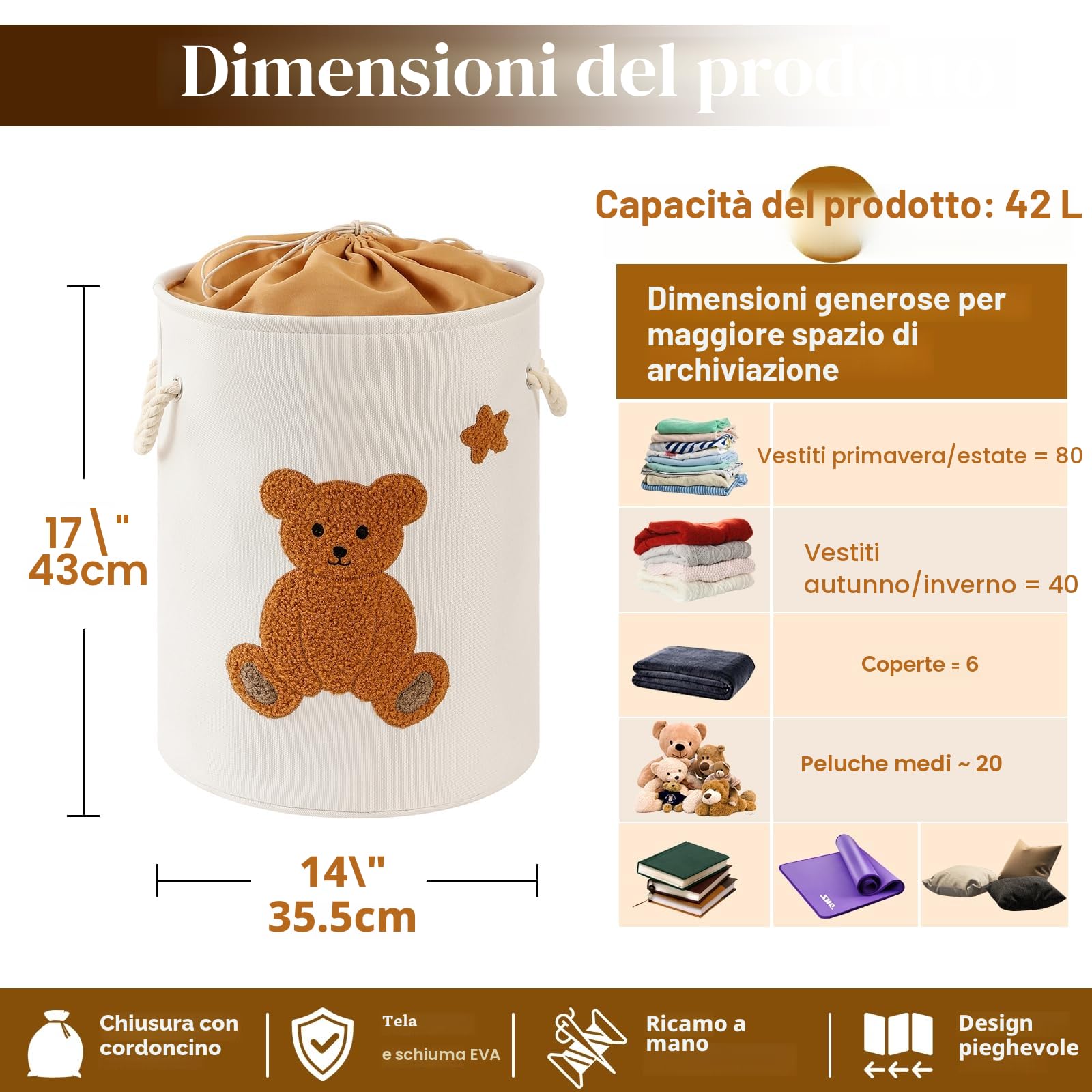 Cesto Portabiancheria Contenitore Giochi Bambini, Scatola Giocattoli Nursery, Orso