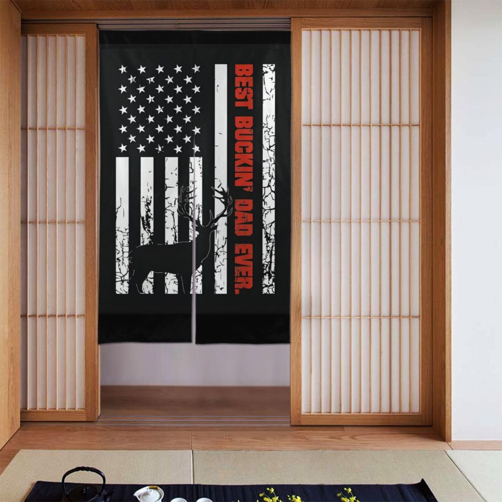 Lukiyys Retro American Flag Deer Hunting Door Curtains,Doorways Curtains for Windows,Bedroom Divider 34"X 56"