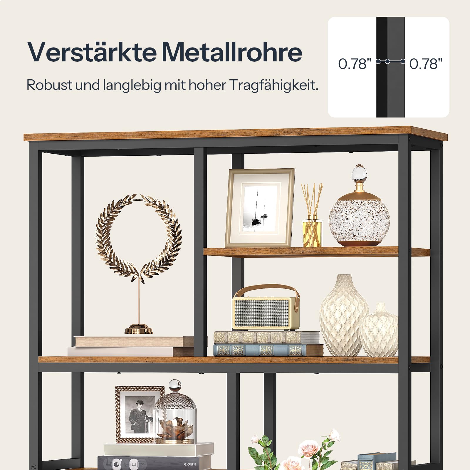 HOOBRO Librería de 7 Niveles, Estantería Abierta con 4 Patas Ajustables, Librería de Aglomerado y Estructura Metálica, para Salón y Despacho, 100 x 28 x 180 cm, Marrón Vintage y Negro EBF06SJ01