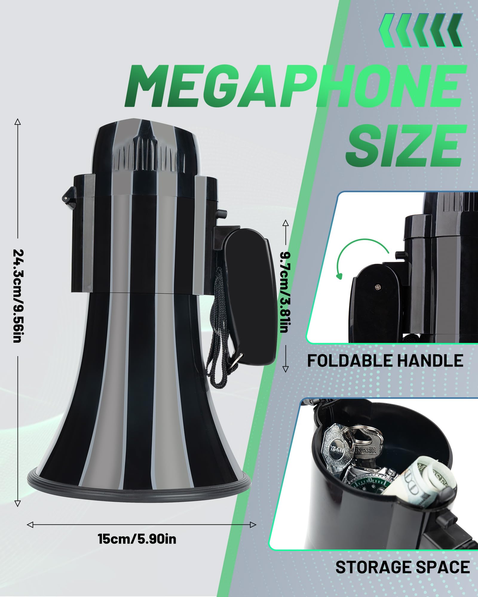 Megaphone Bullhorn Haut-parleur rechargeable Noir 30 W, sirène et enregistrement 240s, mégaphone portable avec sangle et charge de type C (noir)