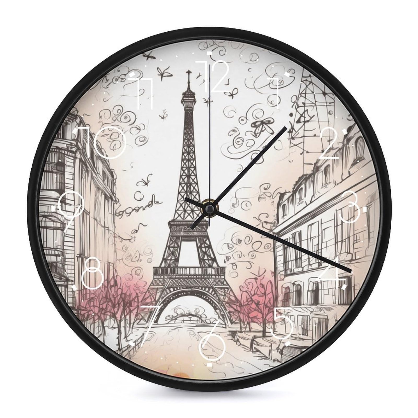 VstaDank French Paris Tour Eiffel Tower Wall Clock Battery Operated Silent Non Ticking 10 Inch Decorative Round Wall Clock Modern Fashion Classic Clock for Home Living Room Kitchen Bedroom Office
