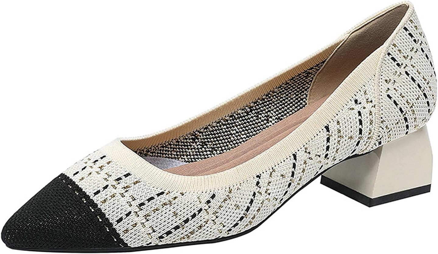 SWDZM Women's Closed Pointed Toe Low Chunky Heels Knit Slip On Block Heeled Pumps Breathable Dress Shoes