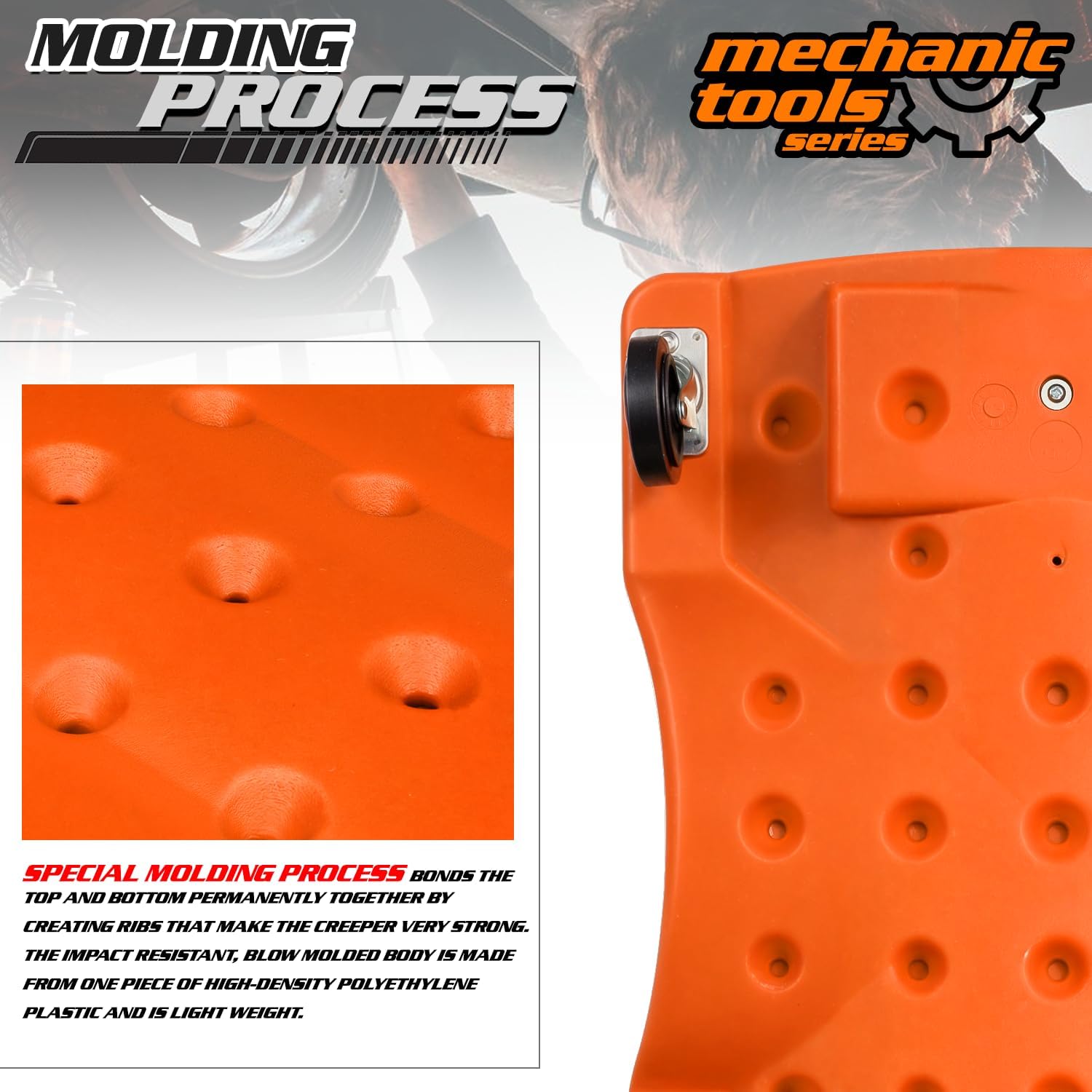 M-AUTO 36" Mechanic Rolling Garage Creeper with Padded Headrest Light Weight Automotive Creeper Mechanic Cart with Dual Tool Trays and Noiseless Casters, Orange