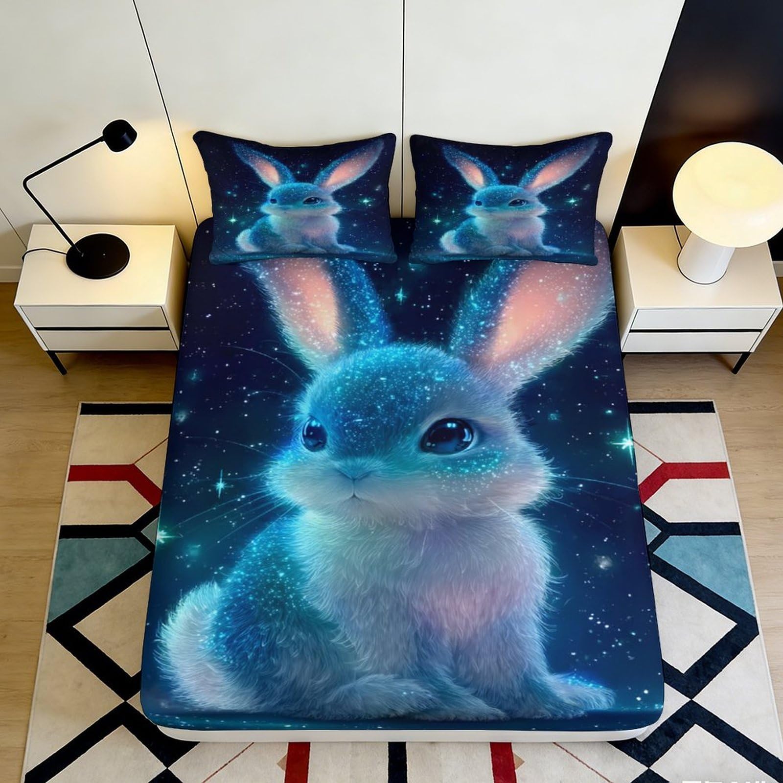 3D Printed Starry Bunny Fitted Sheet Microfiber Soft Breathable Cosmic Night Sky Mattress Cover for Bedroom Dormitory Guest Room Mattress Protection 160x200x25cm