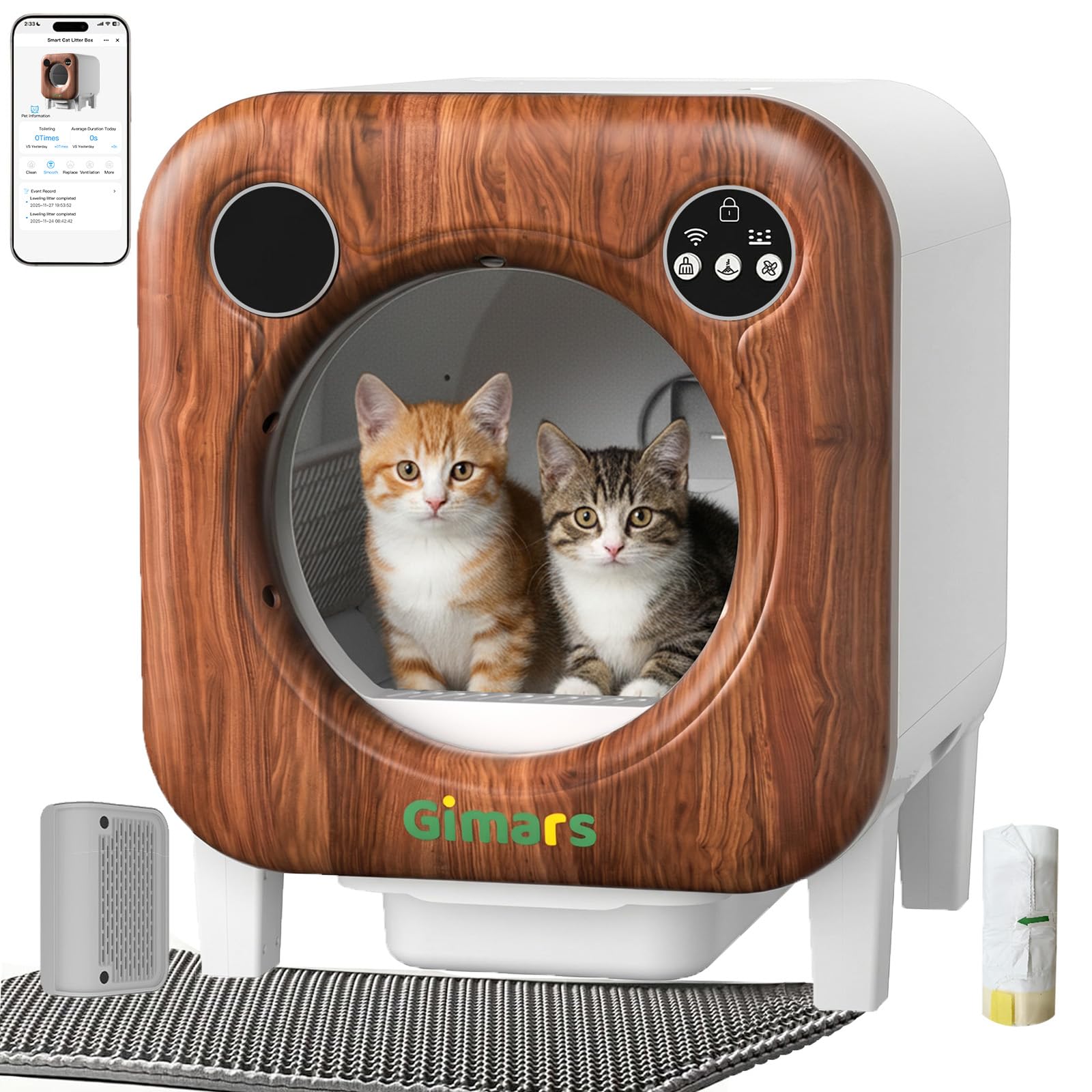 Gimars Litière pour Chat XXL 90 L Anti-pincement avec contrôle par Application, bac à litière Automatique pour Chat avec Tapis, Sacs poubelles et marchepied, Triple capteurs et contrôle des odeurs