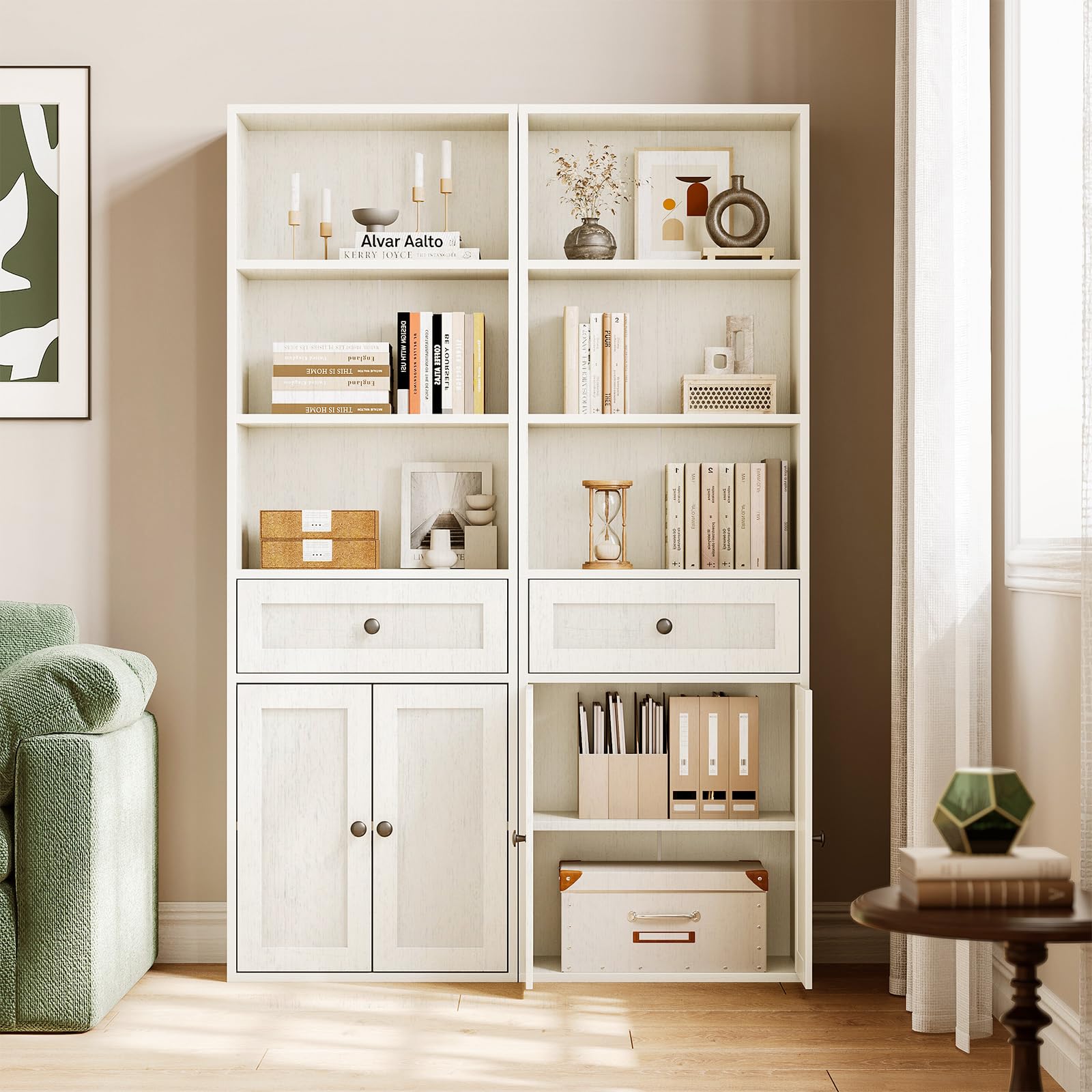 Coleshome Bücherregal mit Türen und Schrank Regal mit 5 Ebenen, Stehendes Etagenregal mit Schubladen zur Aufbewahrung und Präsentation für Zuhause, Büro, Wohnzimmer, Schlafzimmer, Weiß, 48x24x164.2
