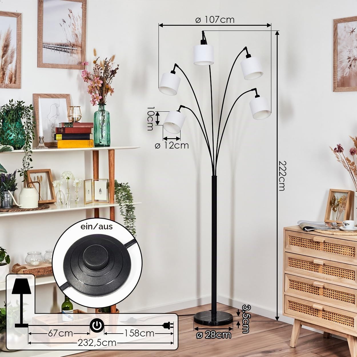 HOFSTEIN Stehleuchte Bassagoda, moderne Stehlampe mit Marmorfuß aus Metall/Stoff in Schwarz/Weiß, verstellbare Leuchte mit Fußschalter, E14, Wohnzimmer, Schlafzimmer, Flur, Büro