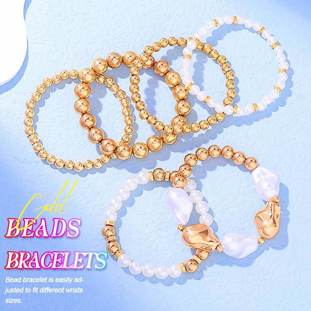 CASDRE Pearl Bracelet Gold Plated Bead Ball Stretch Bracelets Stackable Layering Bracelet for Women - Image 3