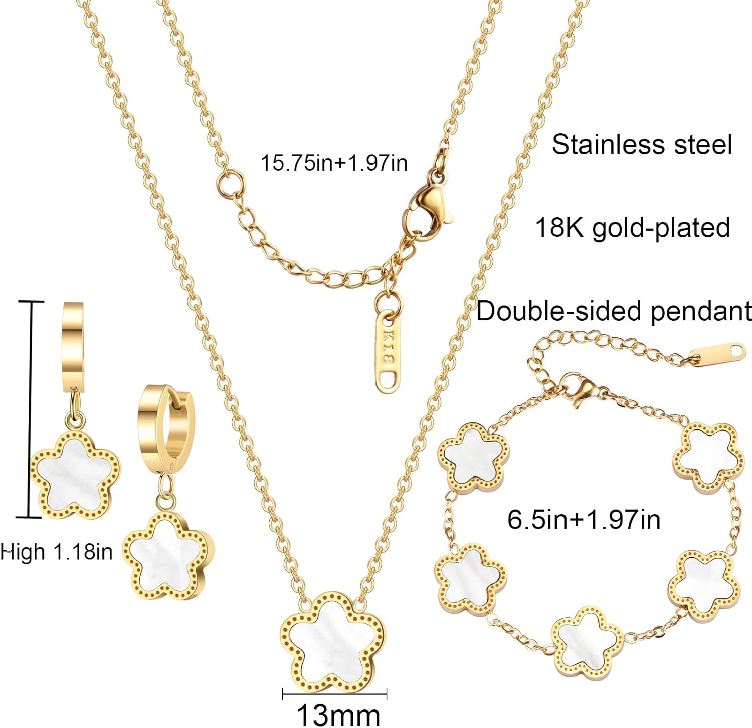 Lucky Clover Jewelry Set 18K Gold Plated Five Leaf Clover Necklace Bracelet Earrings Set Flower Jewelry Sets Birthday Gifts for Women - Image 7