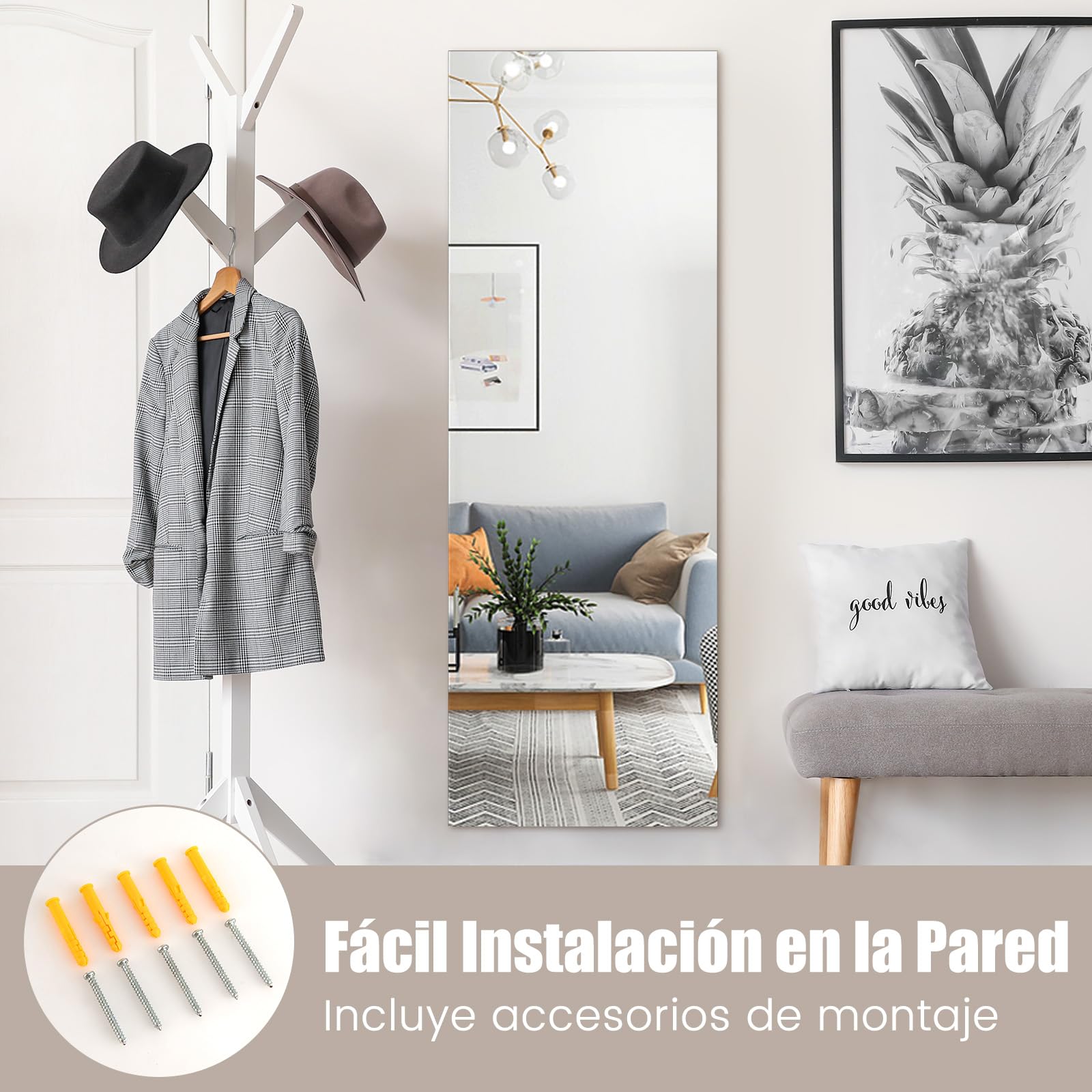 RELAX4LIFE Espejo Cuerpo Entero Pared 110x38cm, Espejo Rectangular sin Marco de Cristal Antiexplosión para Dormitorio, Salón y Recibidor, Montaje Vertical y Horizontal, Espelho Corpo Inteiro