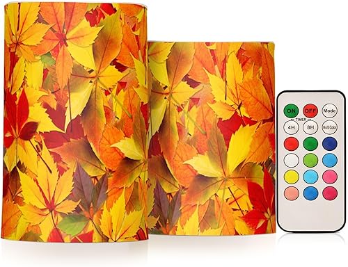 RunningBear Velas sin llama de hojas de otoño con temporizador remoto que funcionan con pilas, juego de 2 velas falsas eléctricas para decoración de