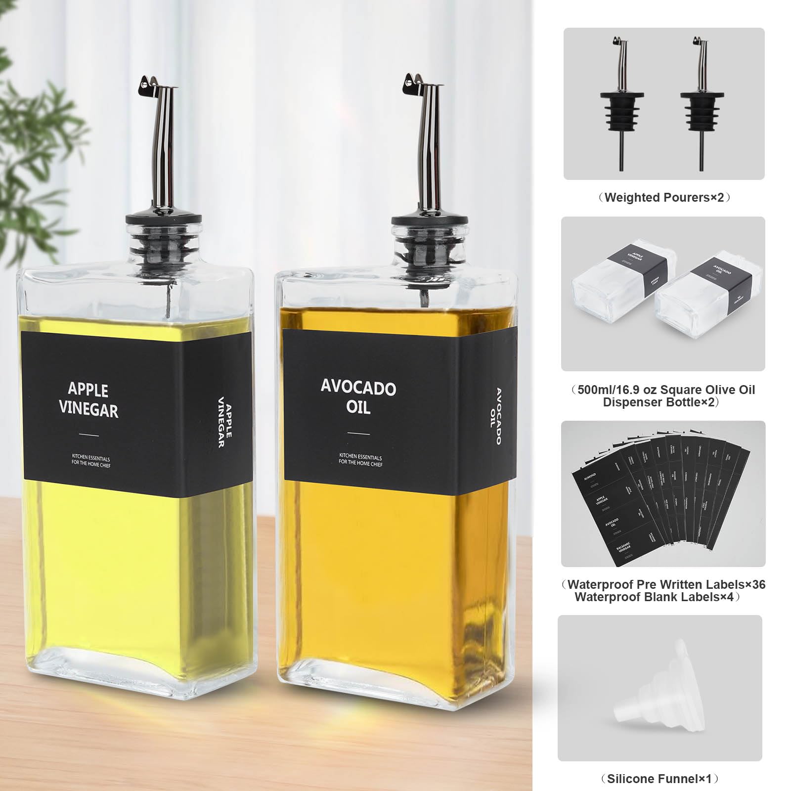 sunal Olive Oil Dispenser Bottles,Black Oil Bottle for Kitchen,500ml/16.9 oz Glass Oil and Vinegar Dispenser Set,Oil Bottle with Weighted Pourer and Waterproof Label&Silicone Funnel,2pack - Image 3