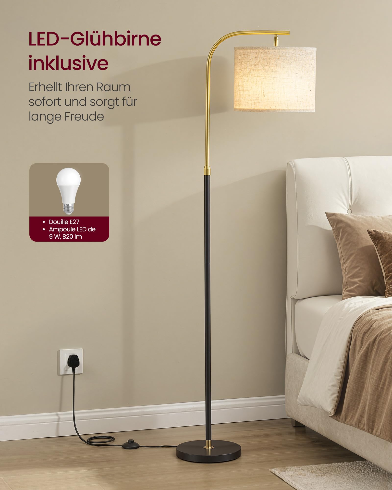 VASAGLE Stehleuchte, Bogenlampe, Stehlampe, höhenverstellbare Leselampe, 150-175 cm hoch, modern, mit Fußtaster, Lampenschirm aus Stoff, E27 Fassung, Mattschwarz LFL006BD02