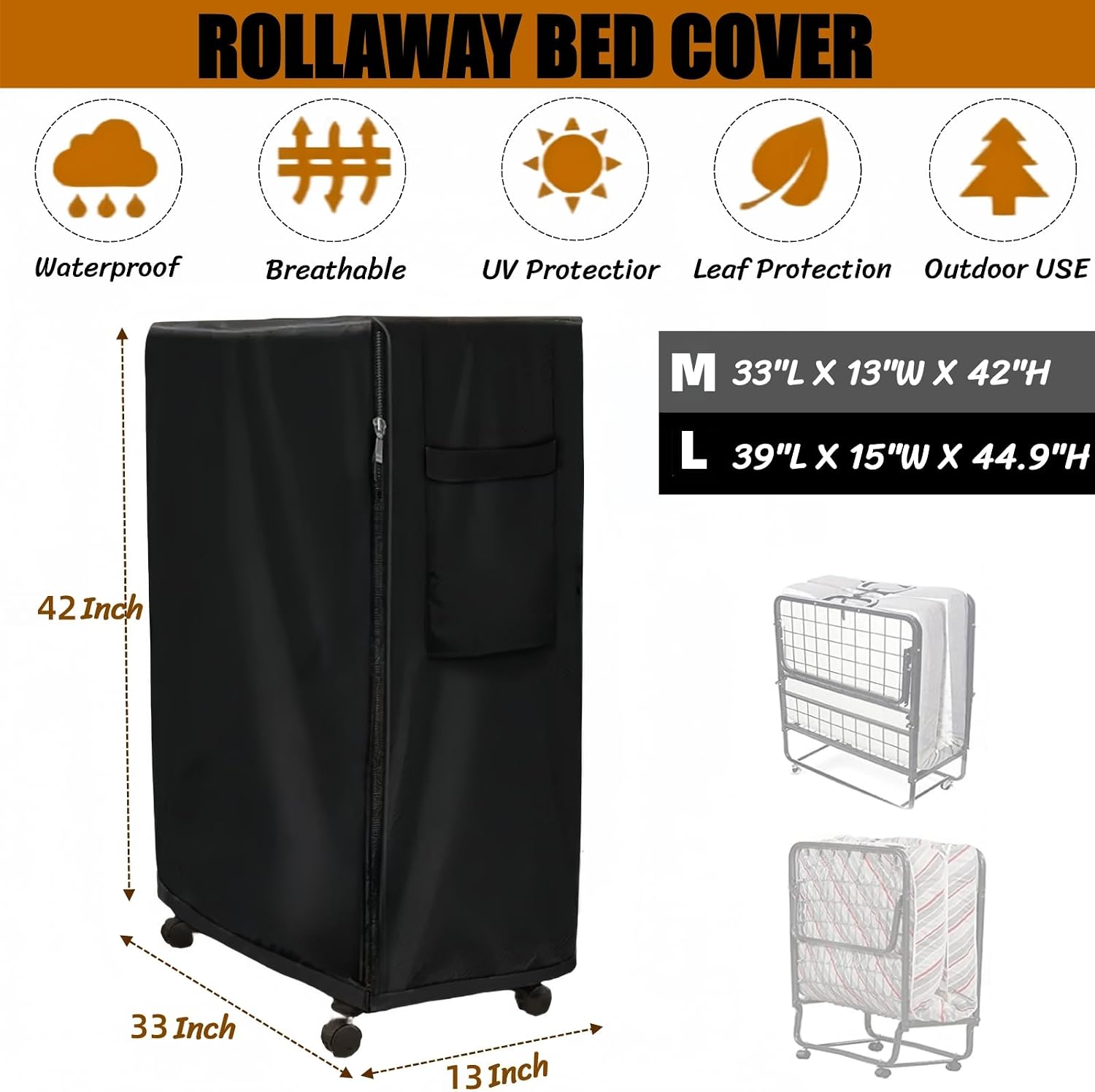 BLIRITEL Rollaway Bed Cover,Waterproof & Dustproof Folding Bed Storage Protector with Zipper & Drawstring, Universal Fit for 33" Beds,Portable for Home Hotel Camping (33"Lx13"Wx42"H)