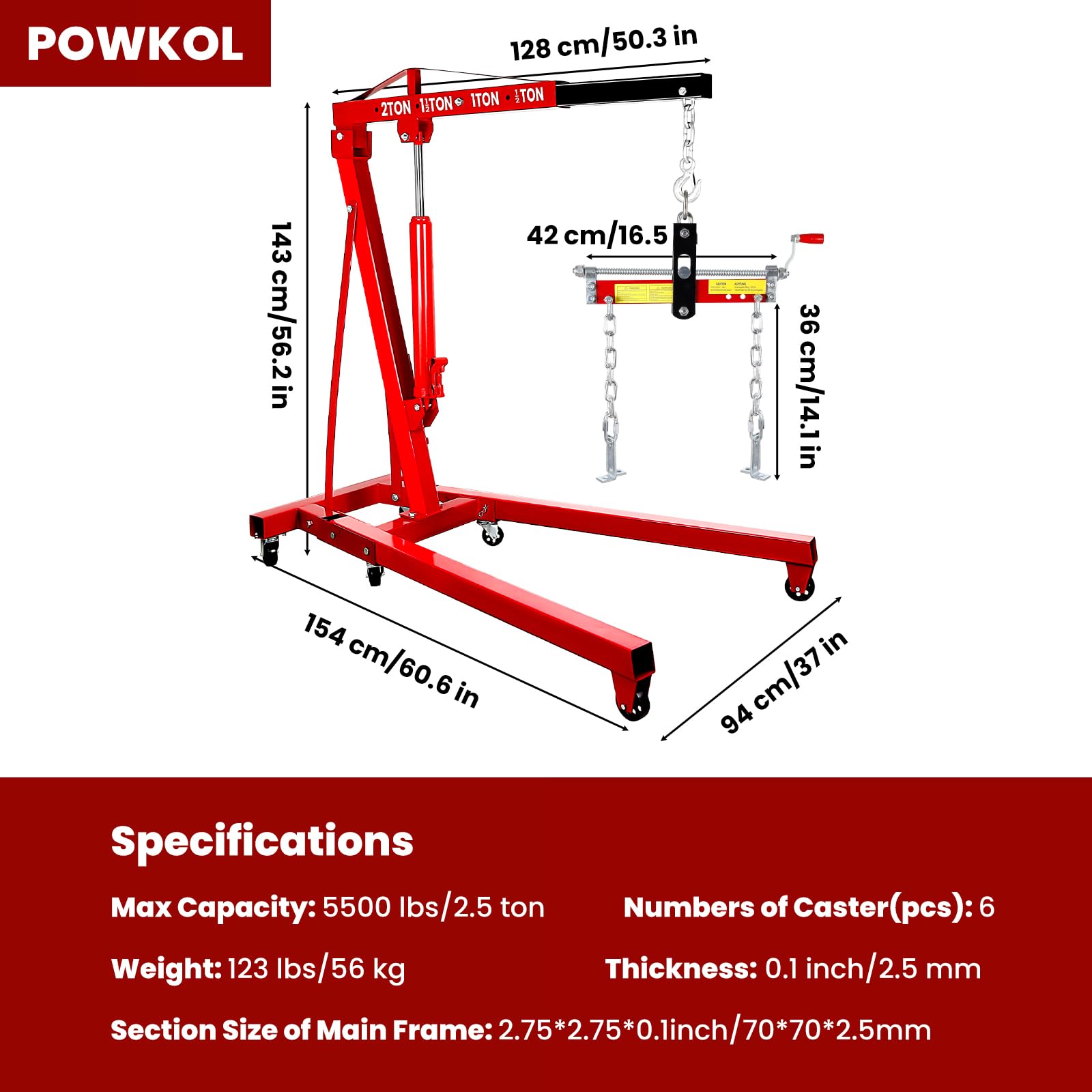 Składany wciągnik silnika Cherry Picker, 2,5 tonowy żuraw silnikowy z dźwignią, z 6 kółkami, pompa hydrauliczna 8 ton, 4 regulowane pozycje, do garażu, warsztatu, naprawy (kolor czerwony)