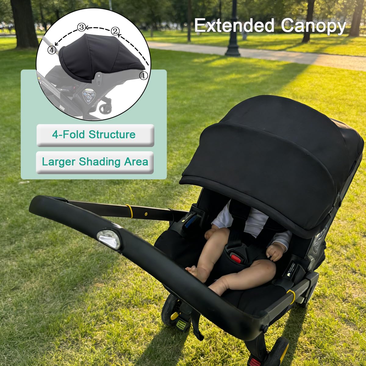 Doona Kinderwagen Ersatzdach X Doona+ i Autositz-Kinderwagen 4 Segmente ausziehbarer Sonnenschutz maschinenwaschbar schwarz