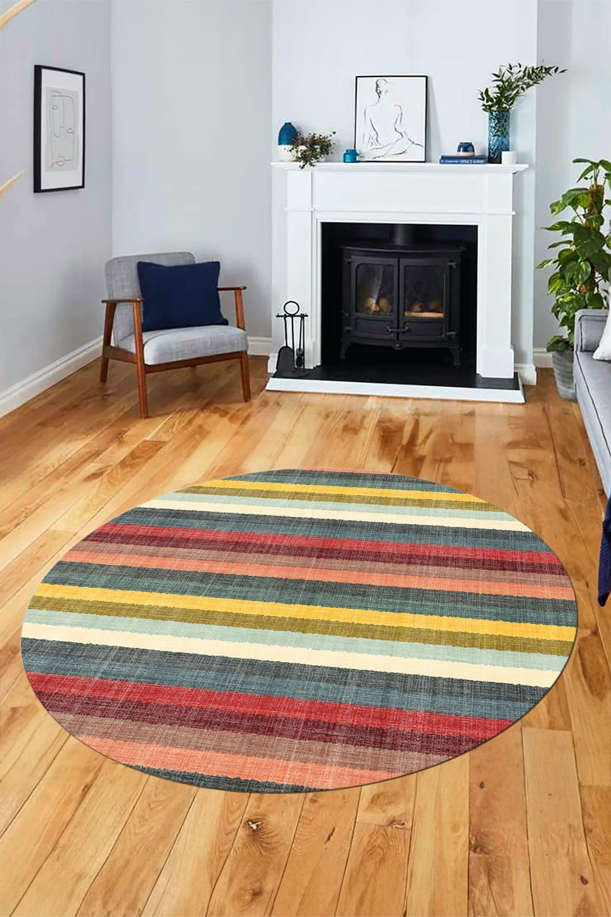 Evdeya Modern Kilim Desen Dijital Kaymaz Taban Yıkanabilir Yuvarlak Mutfak Salon Halısı Y-MODERN-25, Çok Renkli, 100 x 100