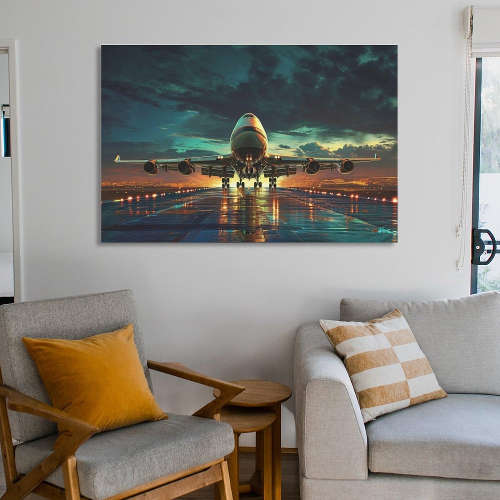 Amazon.co.jp: 絵画 夕暮れに着陸する飛行機インテリア 絵画