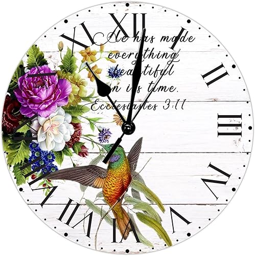 Miniatura 7 de ArogGeld He Made Everything Beautiful - Reloj de pared de PVC con flores rosadas, colibrí, reloj de pared grande con cita y números romanos, reloj