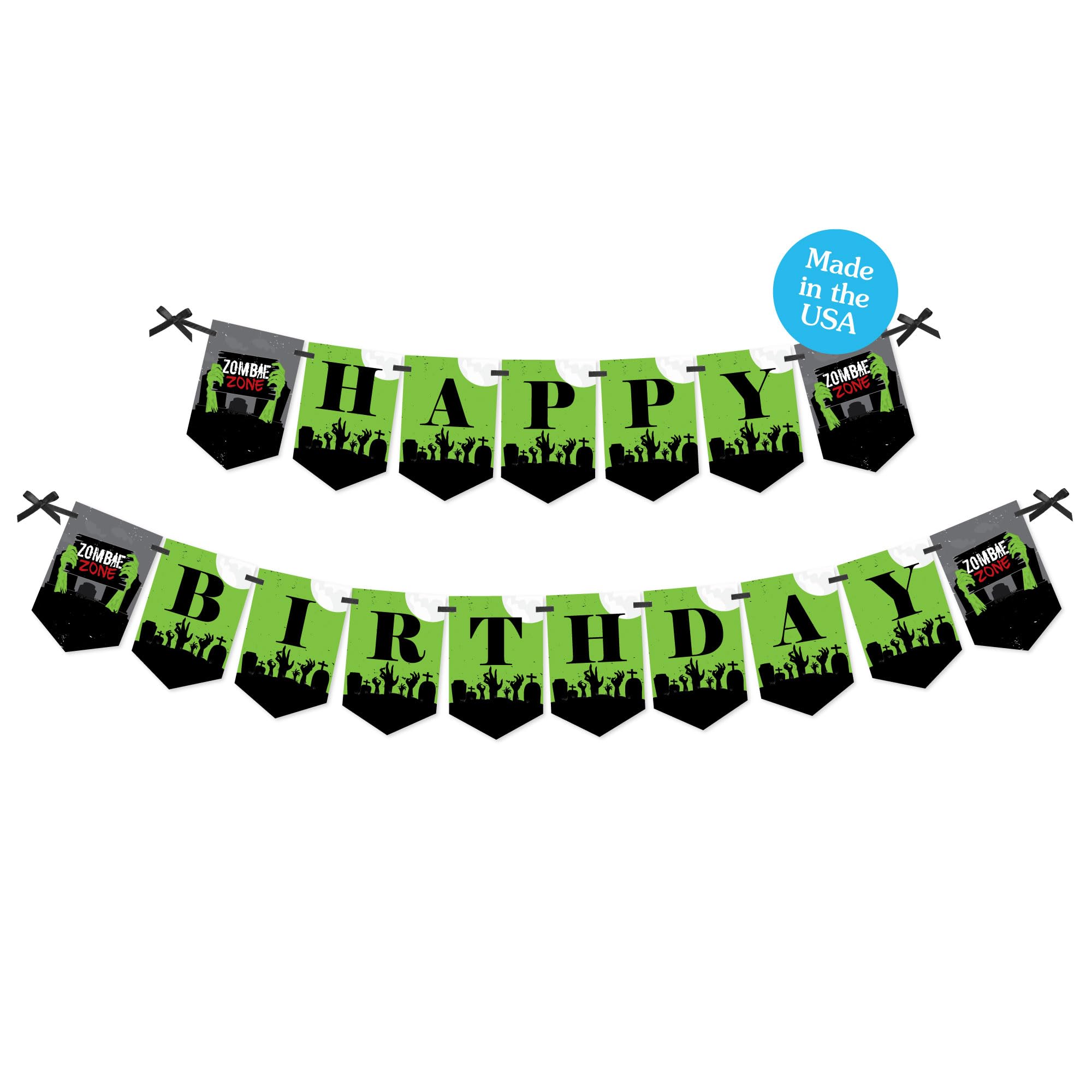 Big Dot of Happiness Zombie Zone - Birthday Zombie Crawl Party Bunting Banner - Birthday Party Decorations - Happy Birthday