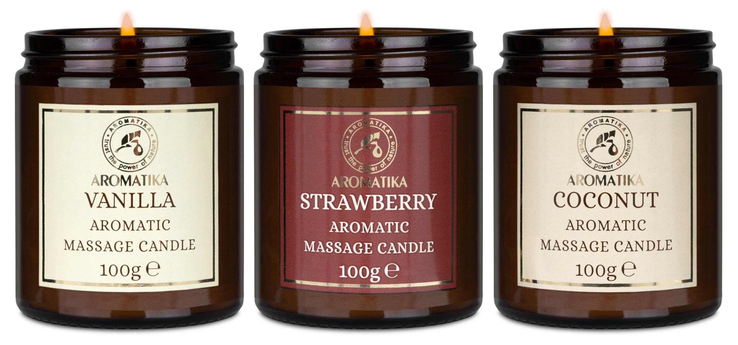 Vela de Masaje Set Vainilla Coco Fresa 3x100g Cera de Soja Aceites de Coco Almendras Monoi Tahiti Aromaterapia Calmante