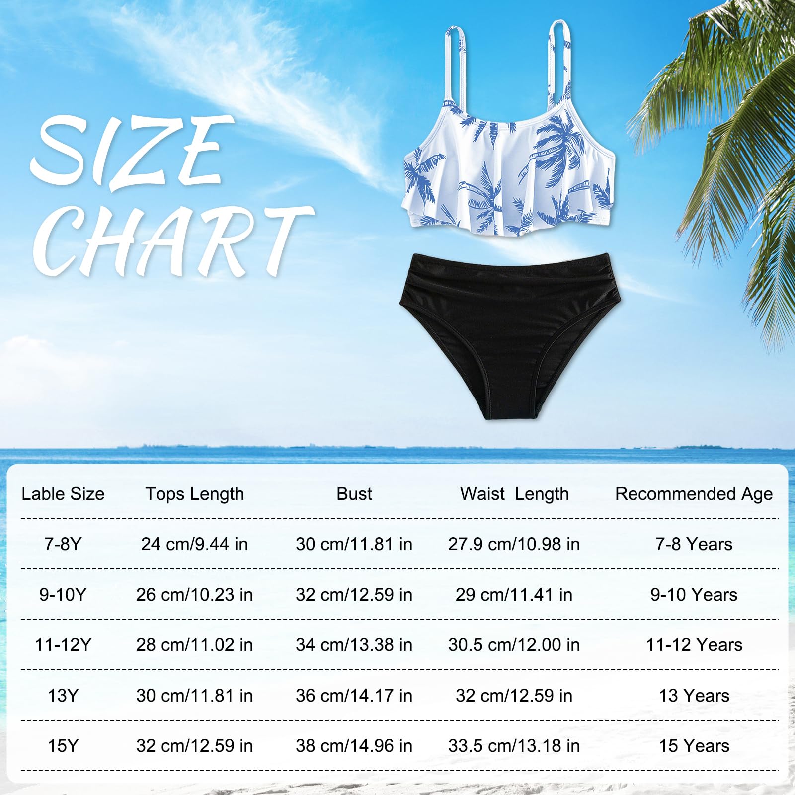 Bikini Set per Ragazze Bambina 2 Pezzi Costume da Bagno Volant Top e Slip da Bagno Tankini con Spalline Regolabili Hawaiano Stampa Costumi da Bagno Piscina Spiaggia per Adolescente 7-14 Anni