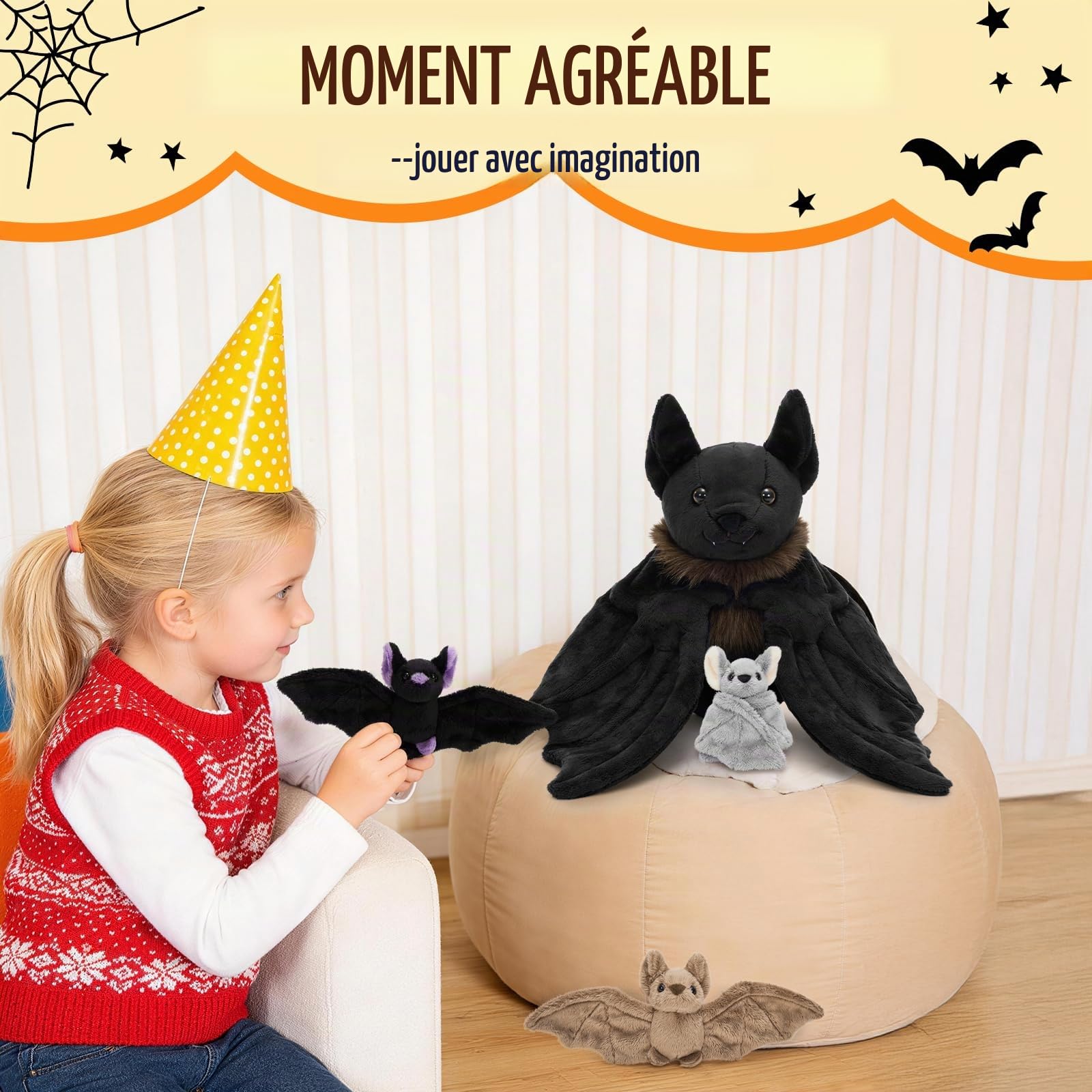 MorisMos XXL Grand Chauve-Souris en Peluche, 80cm Noir avec 3 Kawaii Bébés Animaux en Peluche Géants Douce Cadeau pour Enfants Noël Anniversaire