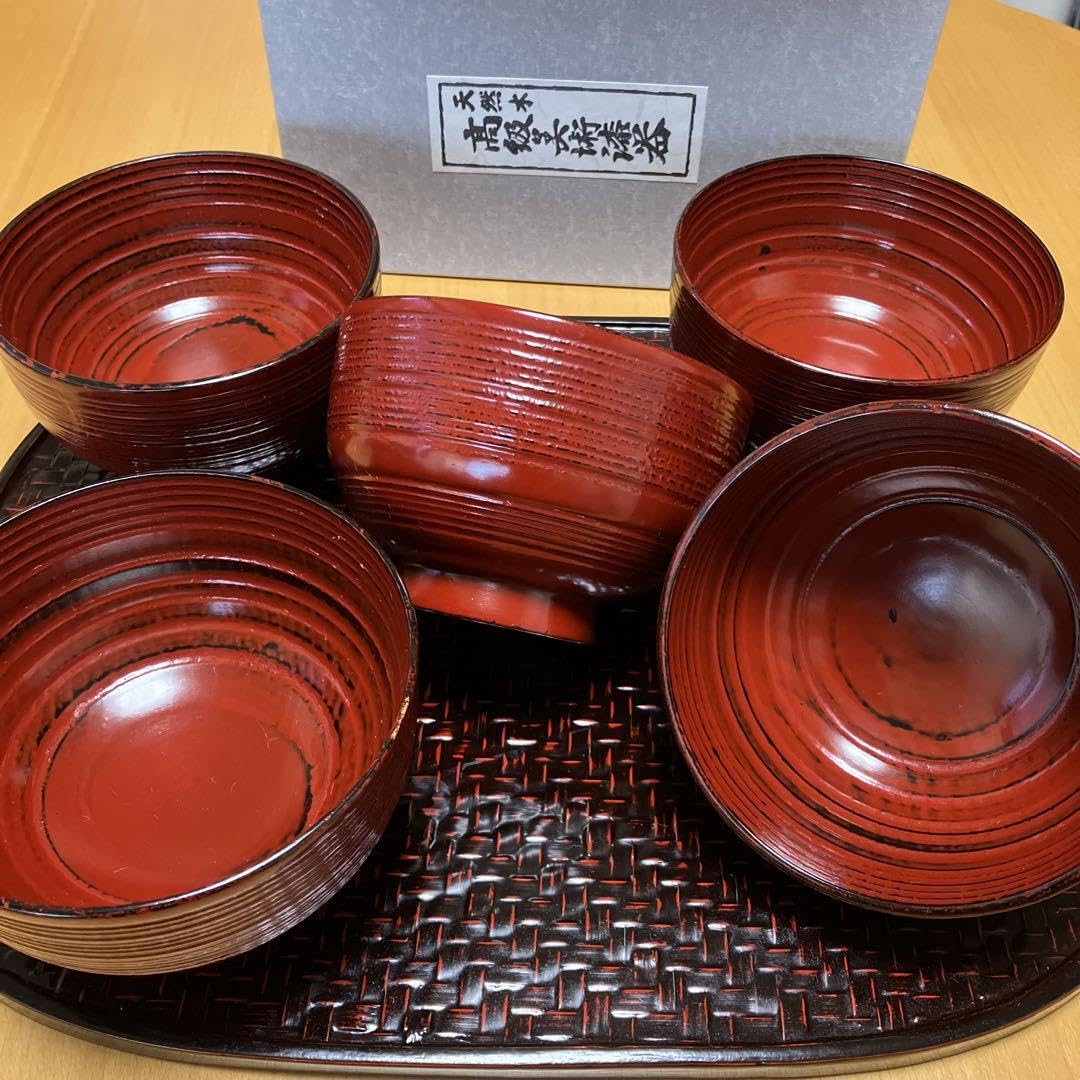 Natural Wood Negoro Lacquer Vermilion Urushi Lacquer Hirasuji Donburi Rice Bowl Zoni Bowl 5 Piece