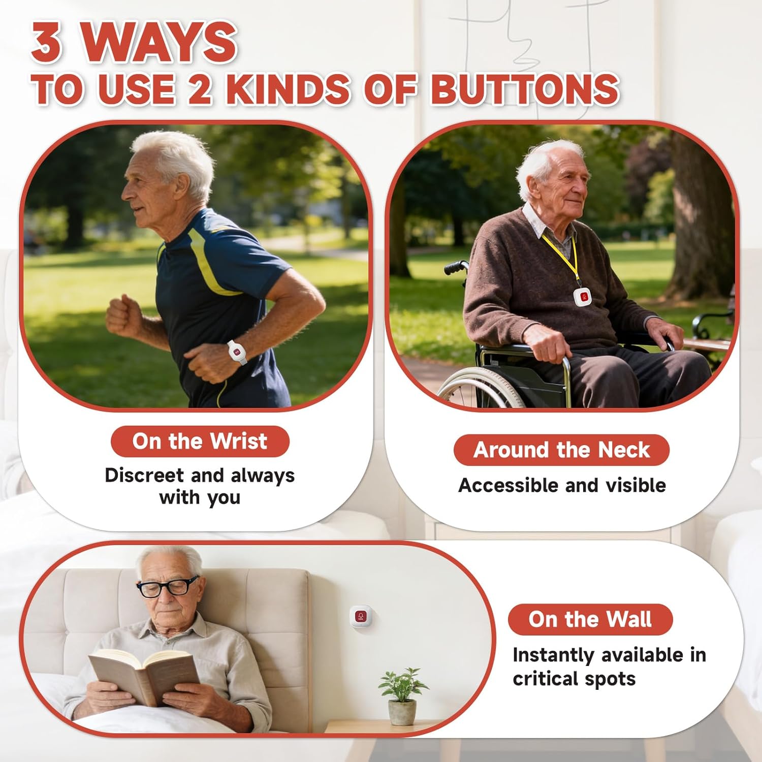 WiFi Caregiver Pager Wireless Call Button - 1 Receiver & 4 Waterproof Panic Buttons, No Monthly Fee, Life Alert Systems, Emergency Alert Button for Elderly, Nurse Call System