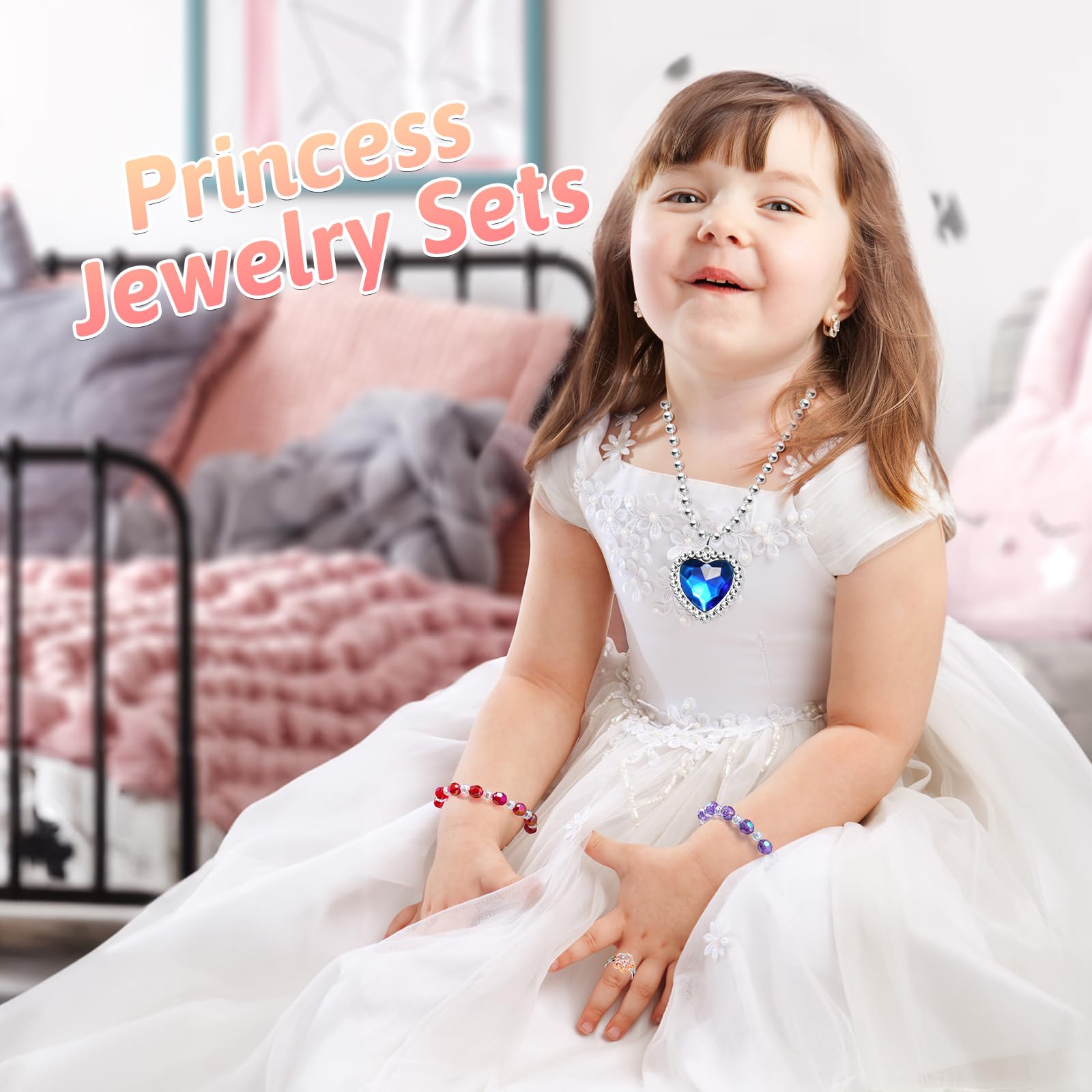 36pcs Princess Play Jewelry Set for Little Girls Ages 4-6, Kids Costume Dress Up Jewelry Necklace Bracelet Rings for Toddlers, Childrens Princess Birthday Party Favors Gift 3-5 4 5 6 7 8 Year Old Girl