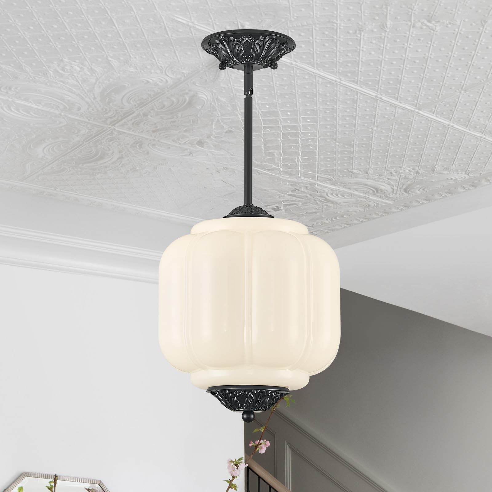 Vintage Black Pendant Lights Milky Glass Semi Flush Ceiling Light Fixture