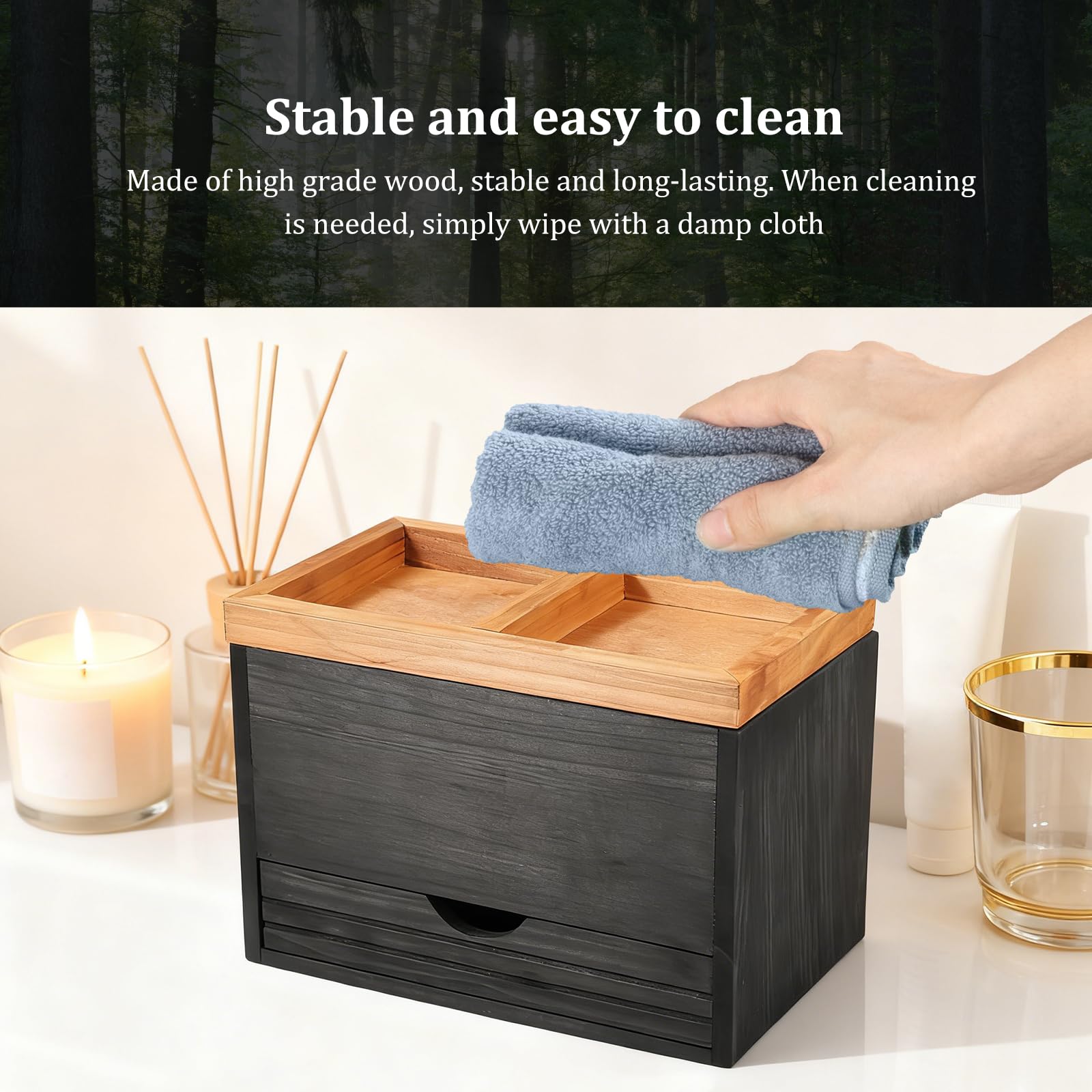 3Cartment Tampon Sto Box Nizer in legno per prodotti per l'igiene con Ders e coperchio 25 × 15 × 18 cm Divisore regolabile ideale per ragazze e donne