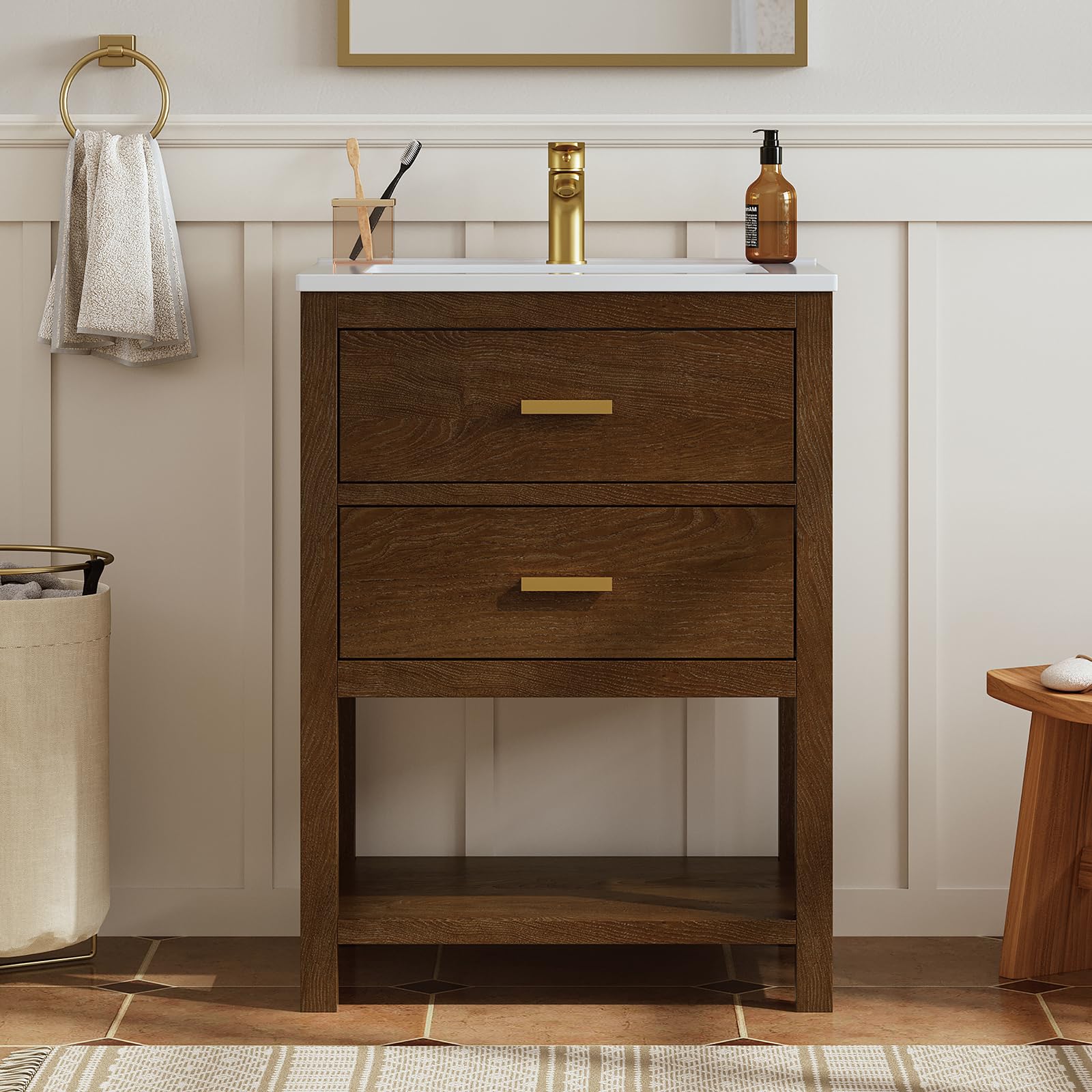 DELUXE LIVING 24 Inch Bathroom Vanity with Sink, Farmhouse Storage Cabinet with Drawers & Open Storage Shelf, Easy Assembly, Adjustable Feet, Walnut