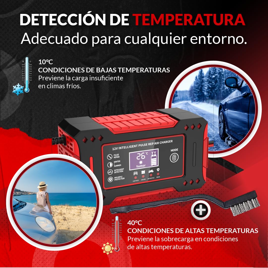 SweetSolutions© Cargador Baterias Coche 12V6A | Cargador De Batería Coche con Función Inteligente | Reparación Automática | Pantalla LCD | Automóviles Moto Camión AGM Gel SLA
