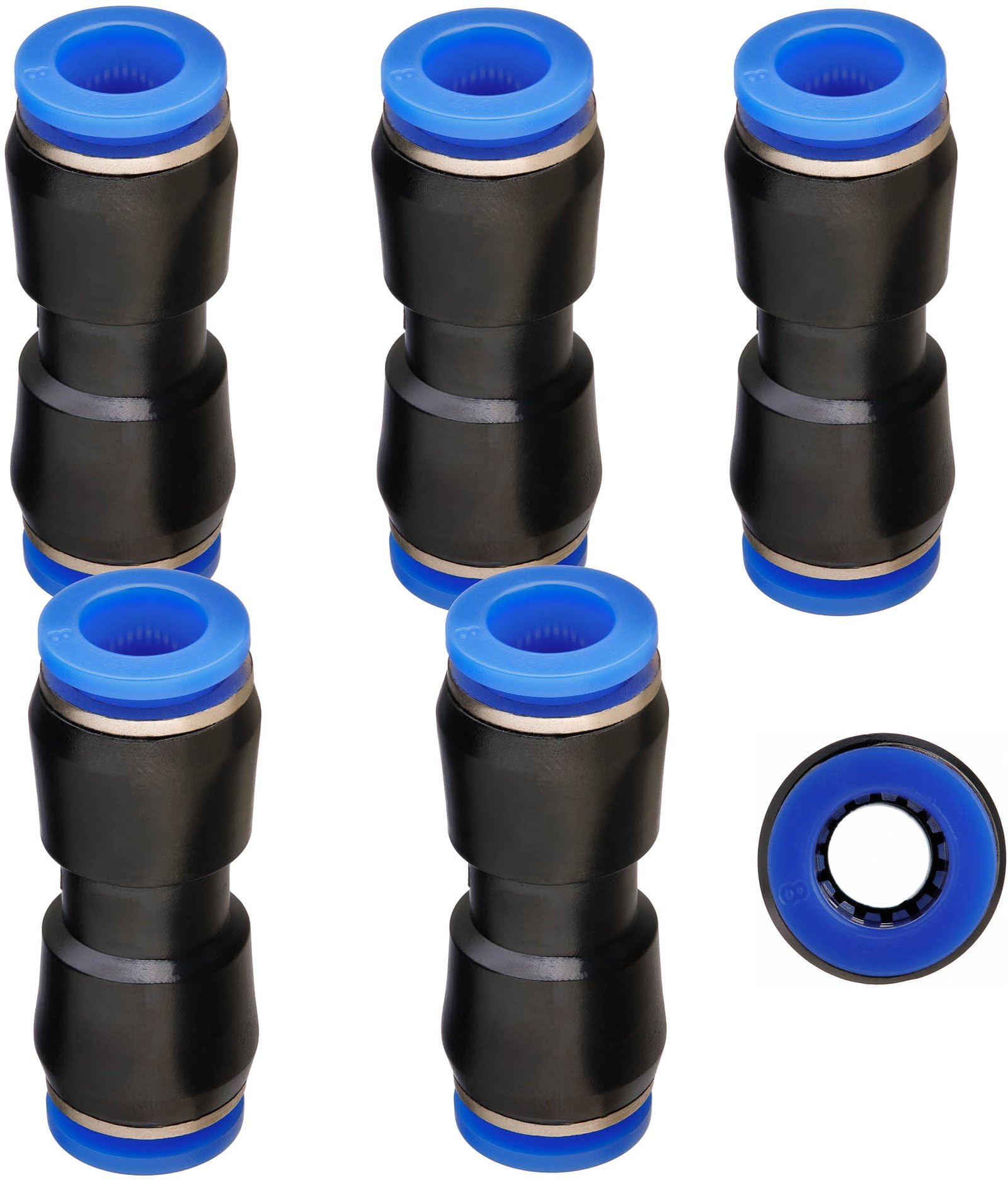Yoiyee Black/Blue 6-Pack Of 8Mm Straight Push-To-Connect Pneumatic Tube Fittings, Quick Release - 38Mm Length