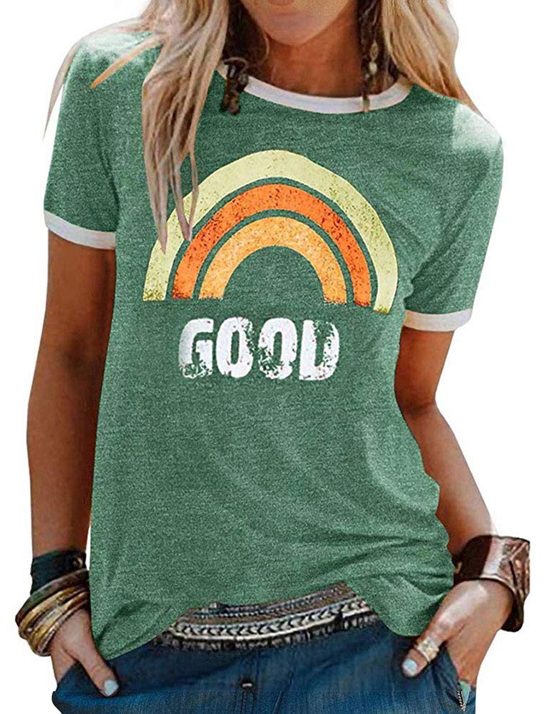 DresswelWomen Good Vibes T-Shirt Rainbow Graphic Print Tee Shirts Summer Tops