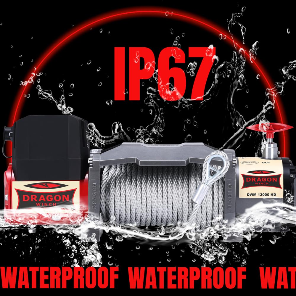 Dragon Winch Cabrestante eléctrico 12V Maverick 13000 lbs / 5897 kg con Cuerda de acero 20m Cabrestante para coche incluido control remoto inalámbrico + accesorios | Estanqueidad IP67