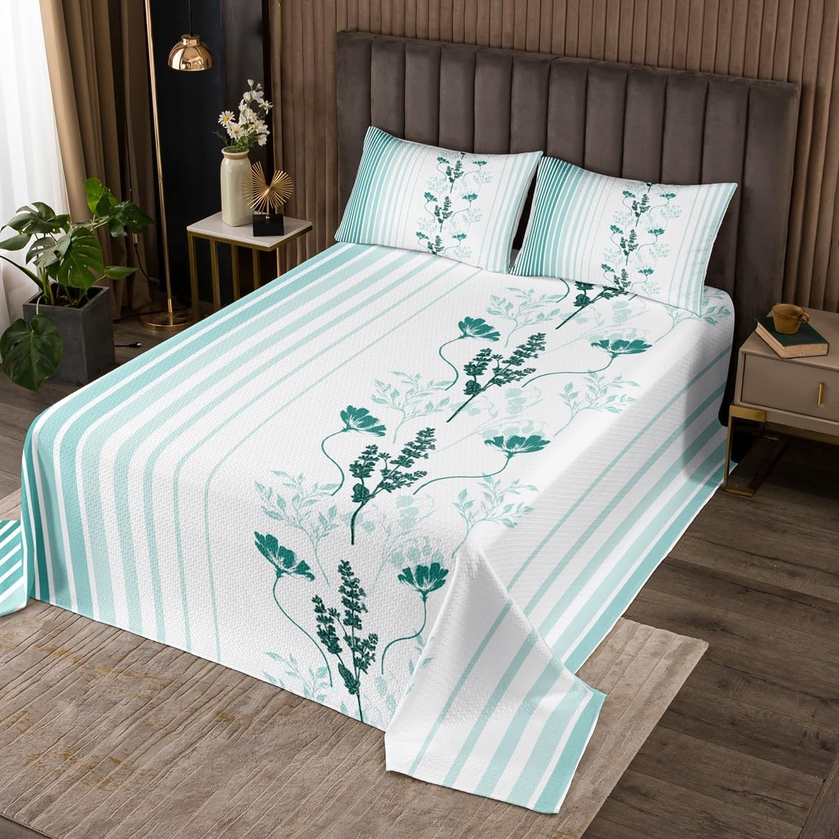 jejeloiu Boys Girls Ombre Stripes Quilted Coverlet King Size, Vintage Floral Coverlet Set Chic Bedspread Kids Light Green Teens Bedroom Decor 3Pcs