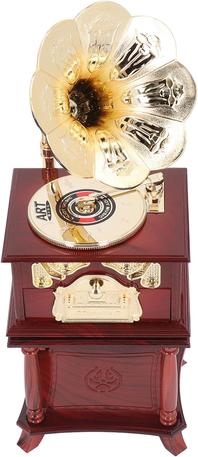Gramophone Music Box Exquisite Clockwork Mechanical Retro Music Box Figurines for Home Table Desk Decorations (Brown Gramophone with Base)
