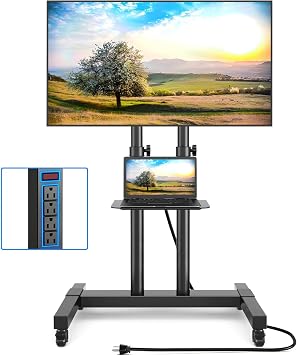 Rfiver Upgraded Mobile TV Stand on Wheels with Power Outlet, Heavy Duty Rolling TV Cart for 32-85 Inch TVs up to 132 lbs, Height Adjustable Portable Floor TV Stand for Bedroom, Home Office, Onesize