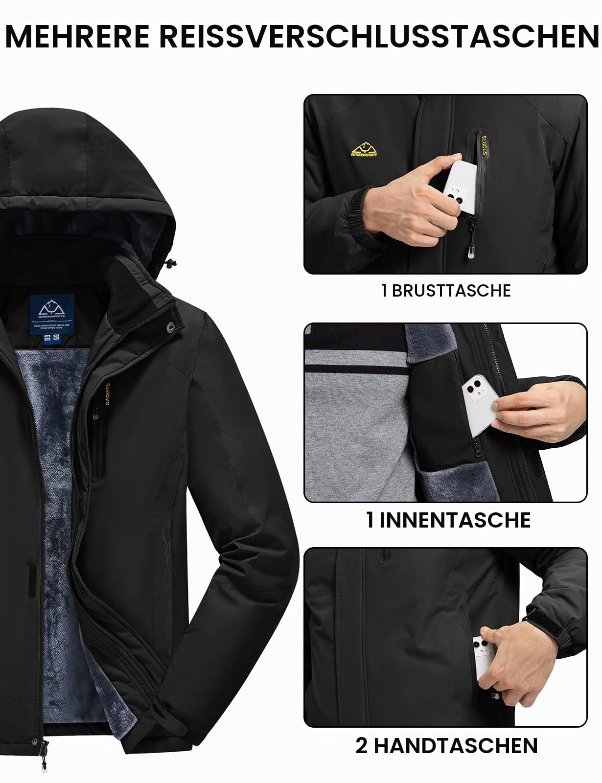 Rdruko Skijacke Herren Winterjacke Snowboardjacke Warme Fleece GefüTtert Winter Jacke Wasserdicht Funktionsjacke Männer Outdoor Wanderjacke mit Kapuze
