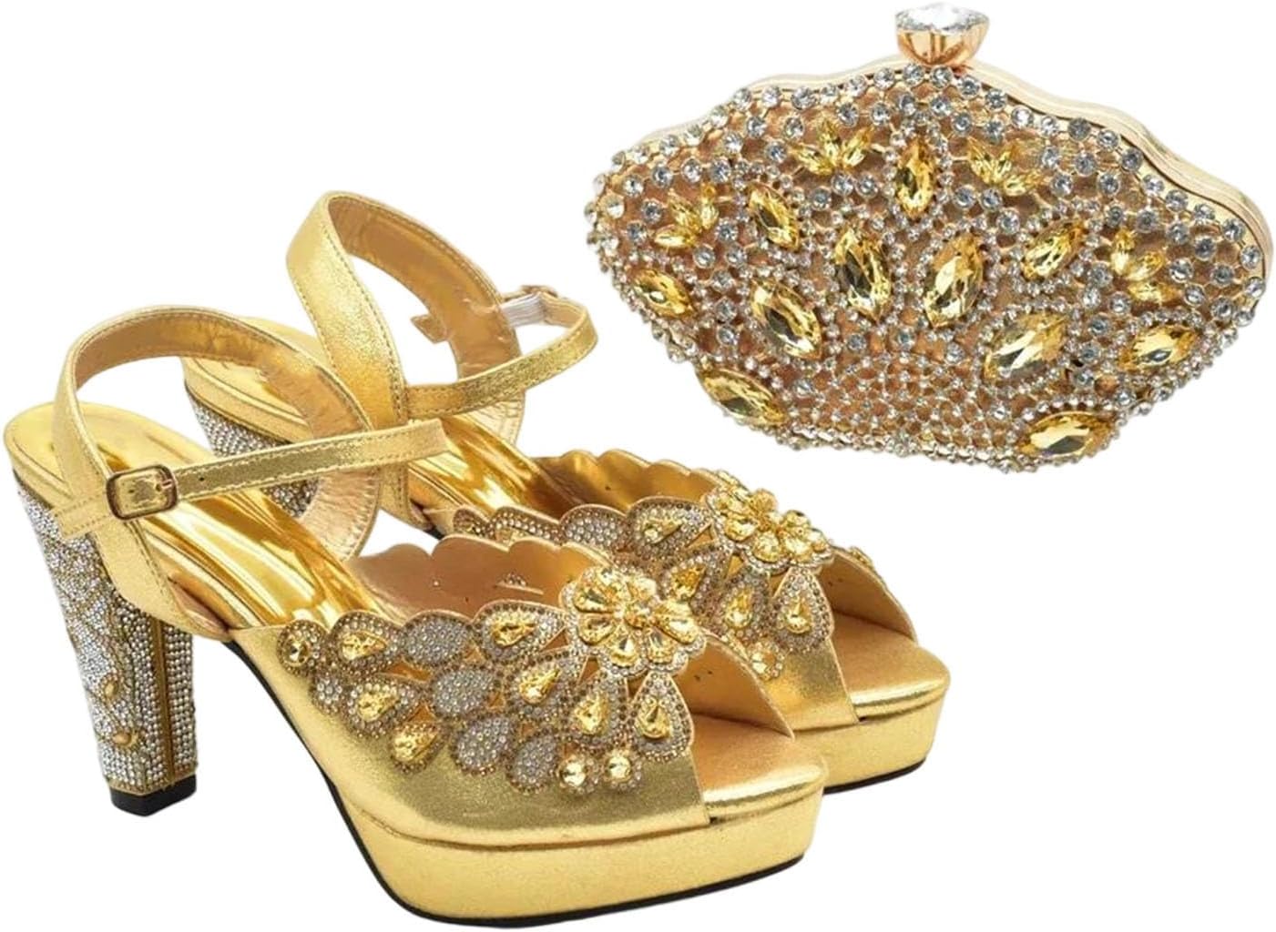 Womens Matching Shoes and Bag Set Rhinestone Pumps Medium Heel Party Evening Dress Accessories
