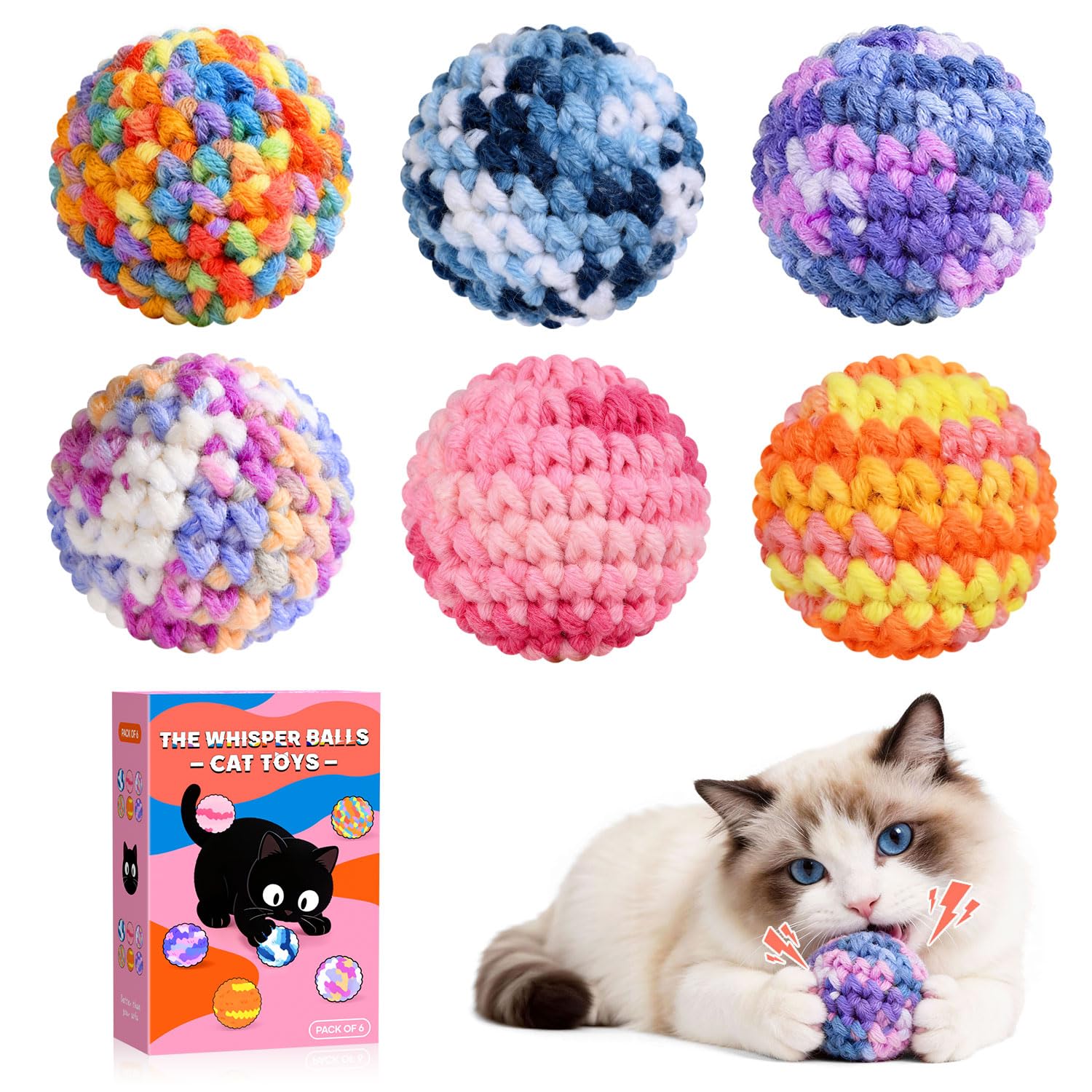 SYHZC Hand-Knitted Cat Toy Balls (6 Pack) – Quiet Cat Toys for Indoor Cats, Soft Cotton Cat Balls with Gentle Bell, Interactive Kitten Toys, Safe 4.5cm Knitted Cat Ball Set (Vivid Multicolour)