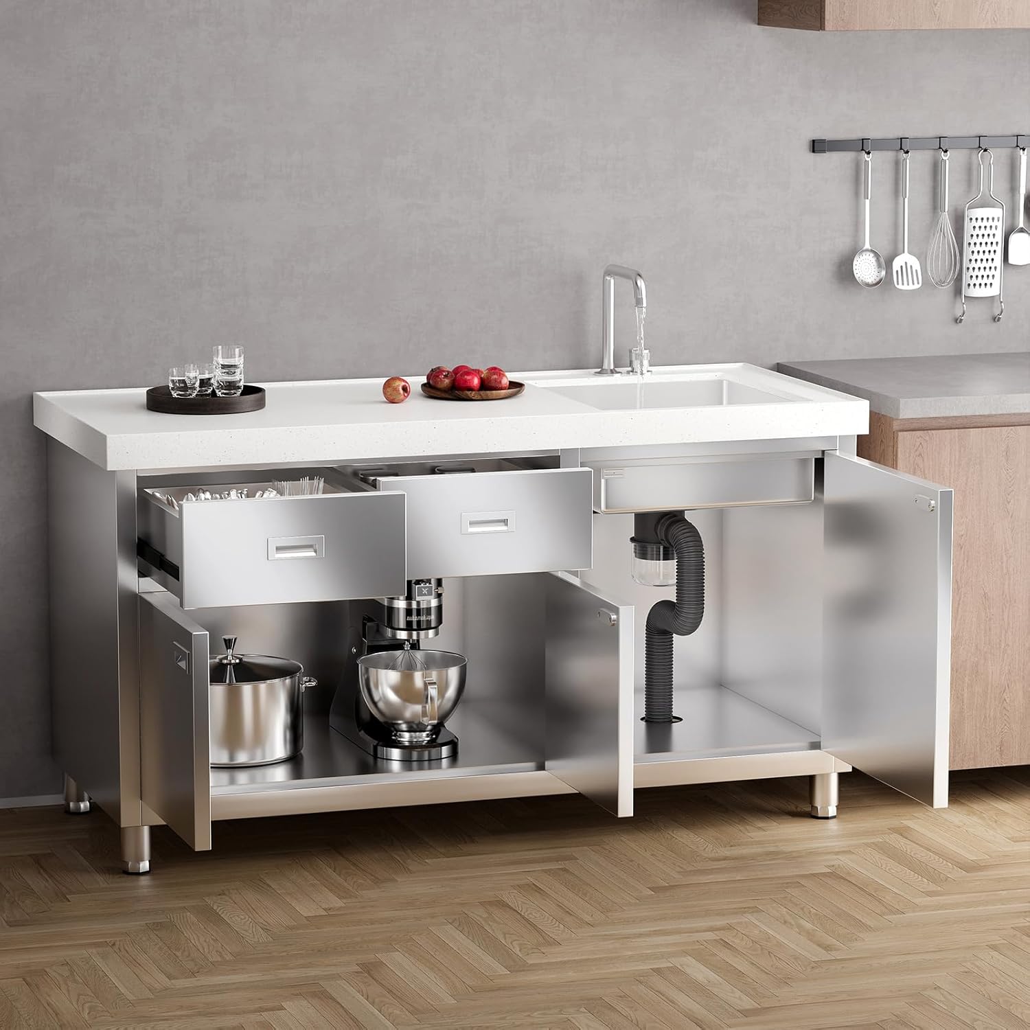 ZZV Freestanding Sink with Marble Worktop and Stainless Steel Cabinet, Fully Assembled Outdoor Laundry Utility Sink Cabinet with 2 Drawers, Heavy Duty Kitchen Sink for Home Restaurant Cafe