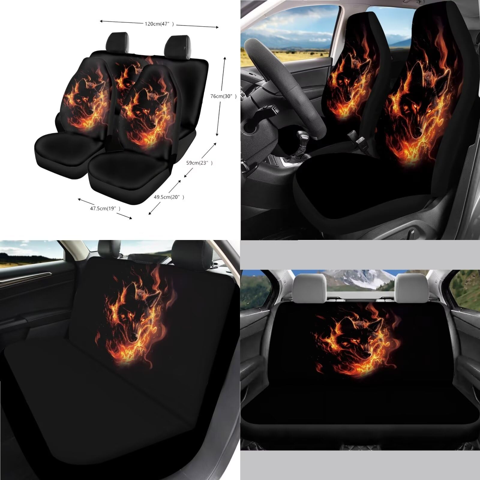 Wanyint Wolf Fire - Set completo di coprisedili per auto, accessori per auto, con coprivolante, cinghie, sottobicchieri, borsa della spazzatura, copertura per specchietto retrovisore, copertura per