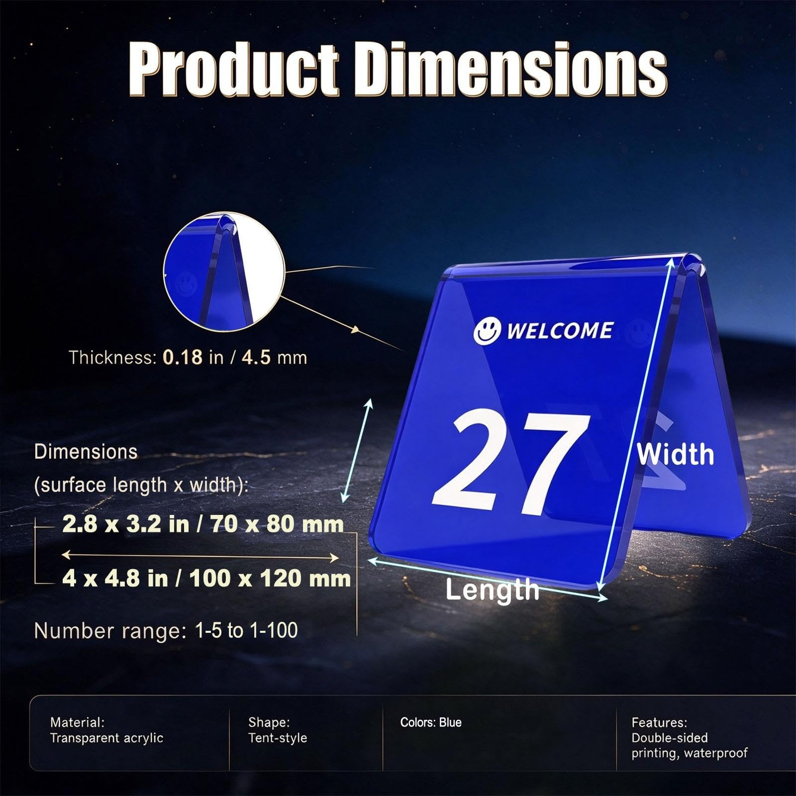 Cartelli Da Tavolo Numerati Blu Trasparenti Per Matrimoni/ristorante, Numeri Da Tavolo Su Entrambi I Lati Supporti Per Cartelli Tende(1-59,L 70 MM W 80 MM)